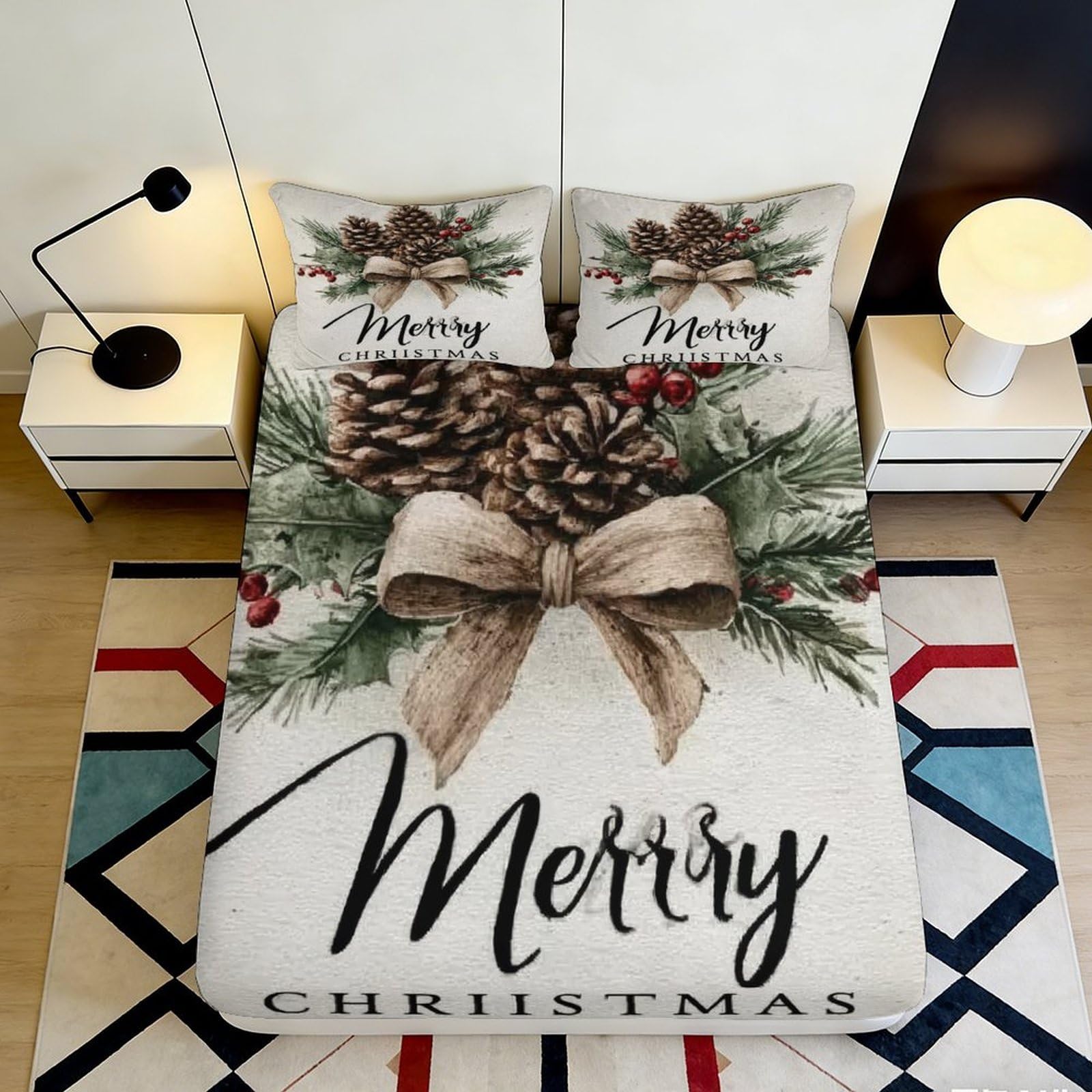 3D Printed Pine Cone Merry Christmas Fitted Sheet Microfiber Soft Breathable Holiday Bed Cover for Bedroom Dormitory Guest Room Mattress Protection 120x200x25cm