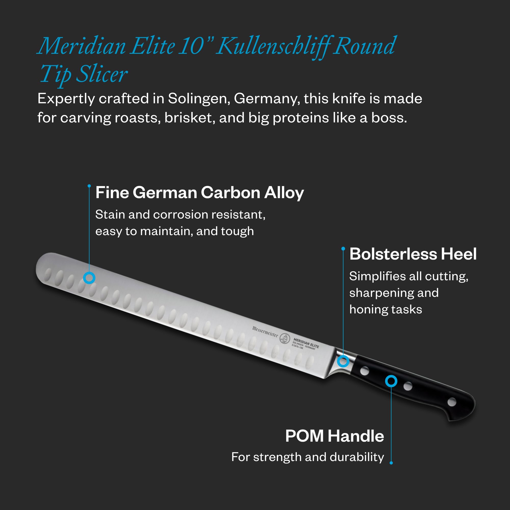 Messermeister Meridian Elite 10” Round-Tip Kullenschliff Slicer Knife - Fine German Steel Alloy Blade - Rust Resistant & Easy to Maintain — Amazon image 2