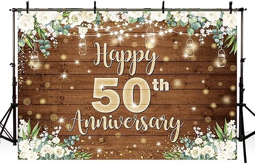 Miniatura 4 de Telón de fondo de feliz aniversario de 7 x 5 pies para parejas que saludan a 50 años, decoración de fiesta de cumpleaños, flores blancas, tablero