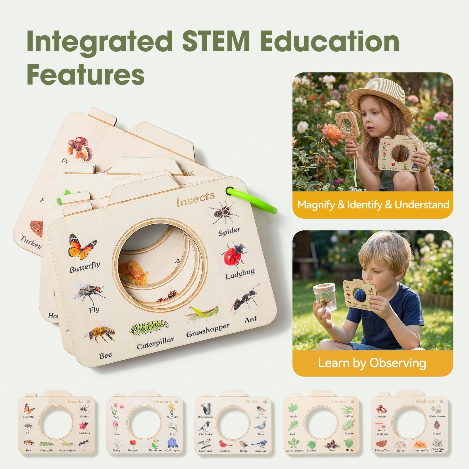 WOODEN TEETHER Set de investigadores para niños, Regalos para niños y niñas, Regalo para y niñas, Camping, exploración de la Naturaleza,(9 Piezas)