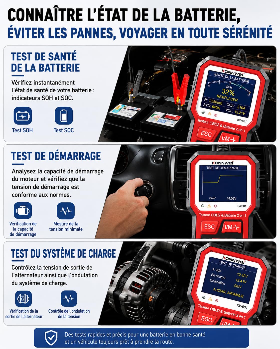 KONNWEI KW681 Valise Diagnostic Auto 2 en 1, Lecteur OBD2 Diagnostic Voiture avec Testeur de Batterie Voiture 6V/12V, Test Batterie CCA/SOH/SOC, Compatible Véhicules Essence