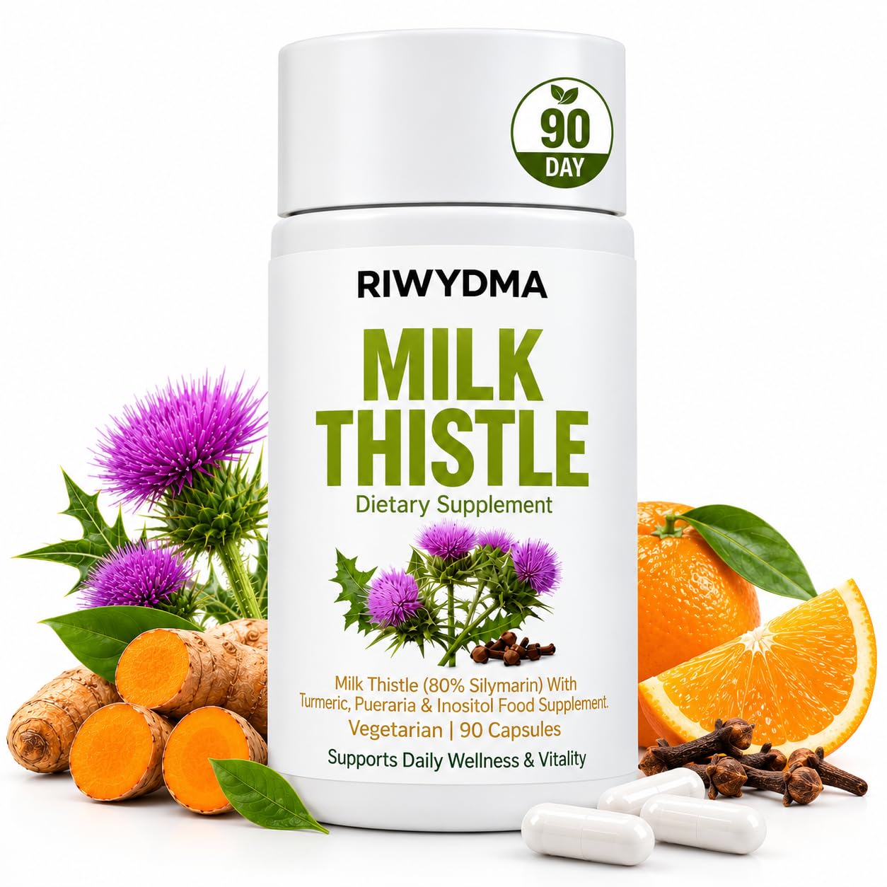 Milk Thistle Liver Detox, 8-in-1 Milk Thistle Liver Support Supplement, 90 Vegetarian Capsules, 80% Silymarin Herbal Formula with Turmeric, Pueraria & Inositol, Digestive & Detox Support