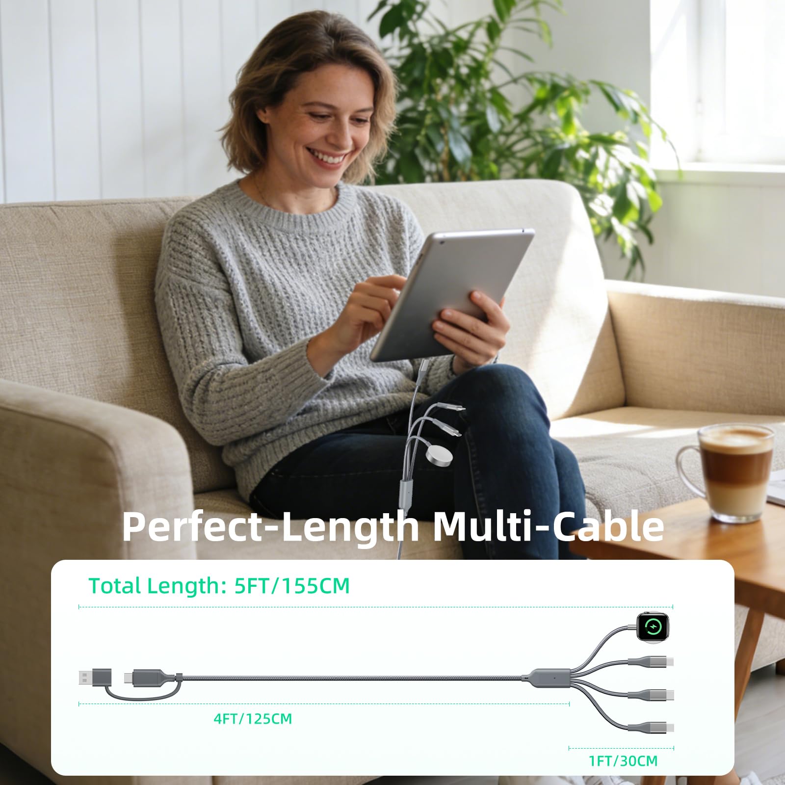A-Pce 4-in-2 Multi Charging Cable with Smartwatch Charging, Grey-5FT view 2