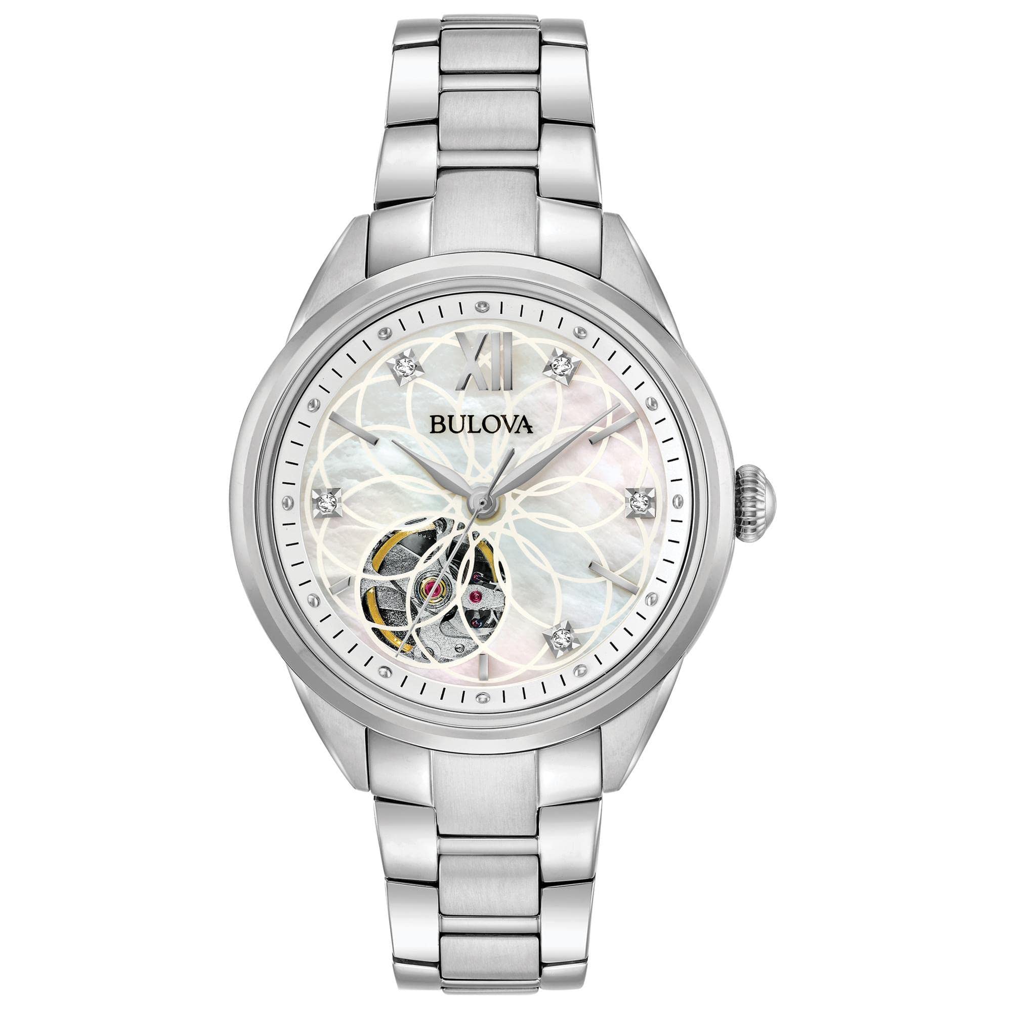 Bulova Quadrante da donna classico a 3 lancette automatico in acciaio inossidabile, quadrante in madreperla e quadrante aperto