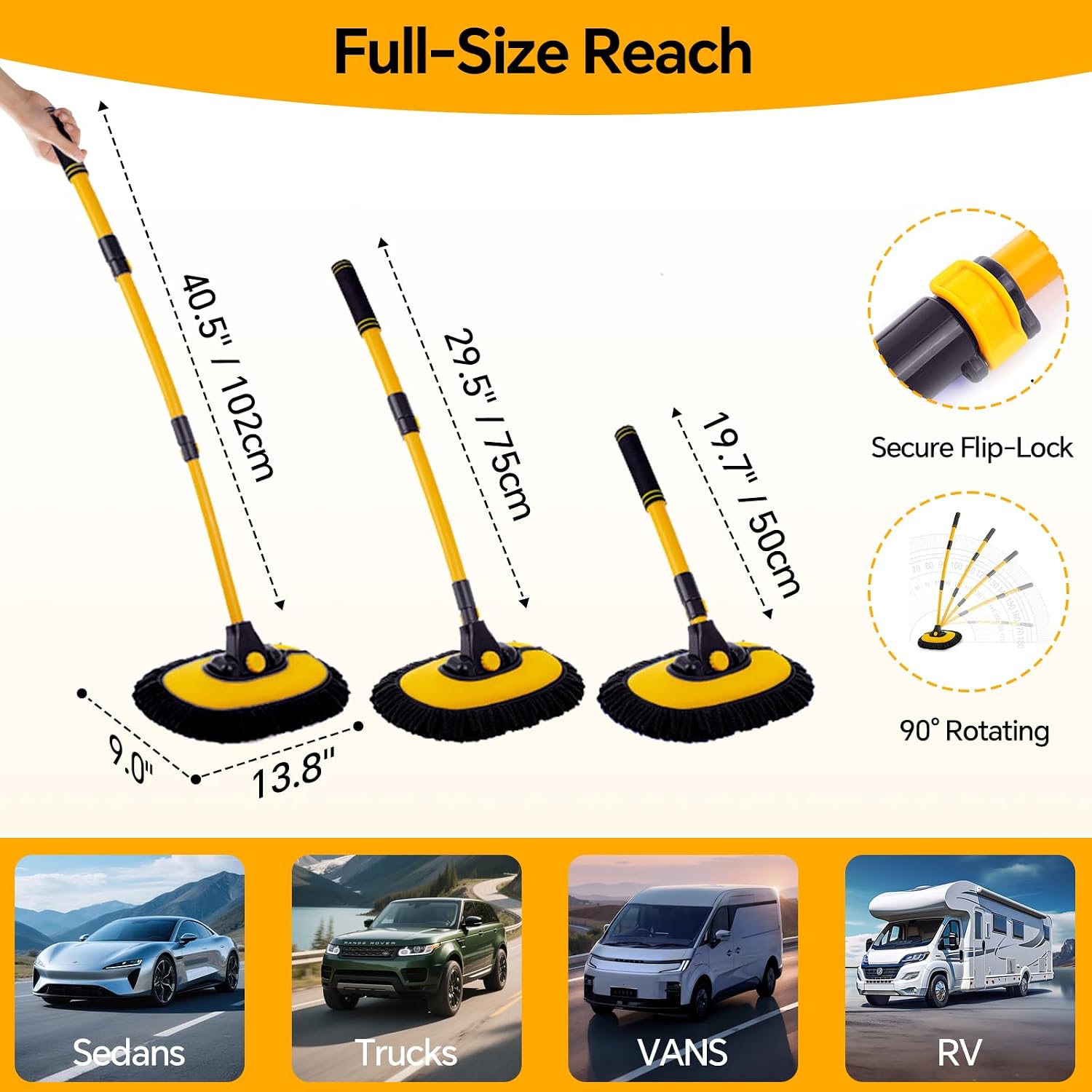 7 in 1 Car Wash Kit with 20L Folding Bucket & Brush, Extendable Car Wash Brush with 40.5" Long Handle, 15° Curved Aluminum Pole, Scratch-Free Microfiber Chenille Mop for SUV Truck RV, Yellow