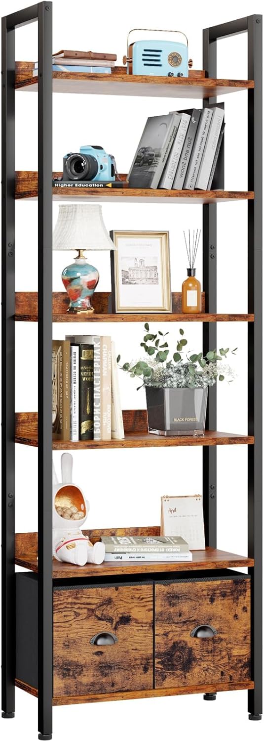 Furologee 6-Tier Bookshelf, Tall 71" Rustic Bookcase with 2 Drawers Storage Organizer, Industrial Display Free Standing Shelf Units, Wood and Metal Storage Rack for Home Office, Bedroom, Rustic Brown Rustic Brown 6 Tier
