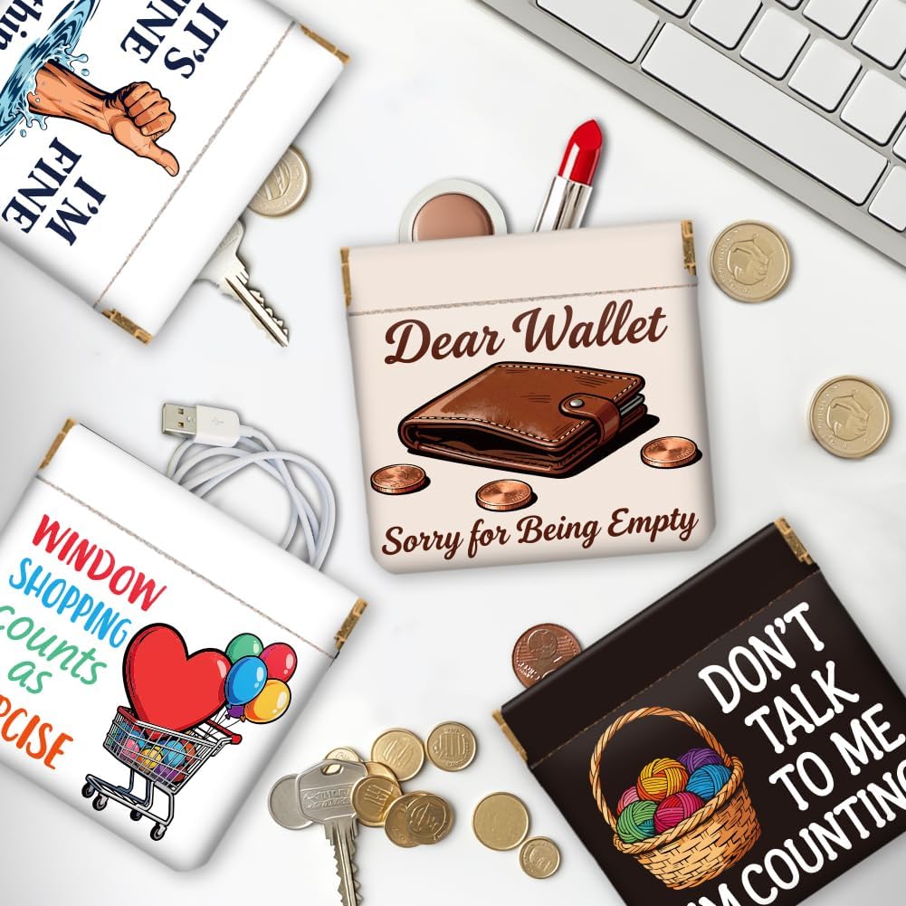 Peacoblue 4Pcs Small Leather Squeeze Coin Purse for Women-Fun Slogans Pattern Waterproof & Durable Snap Closure Change Pouch Mini Money Wallet Bag for Adult Teen Girls Best Gift - Image 8