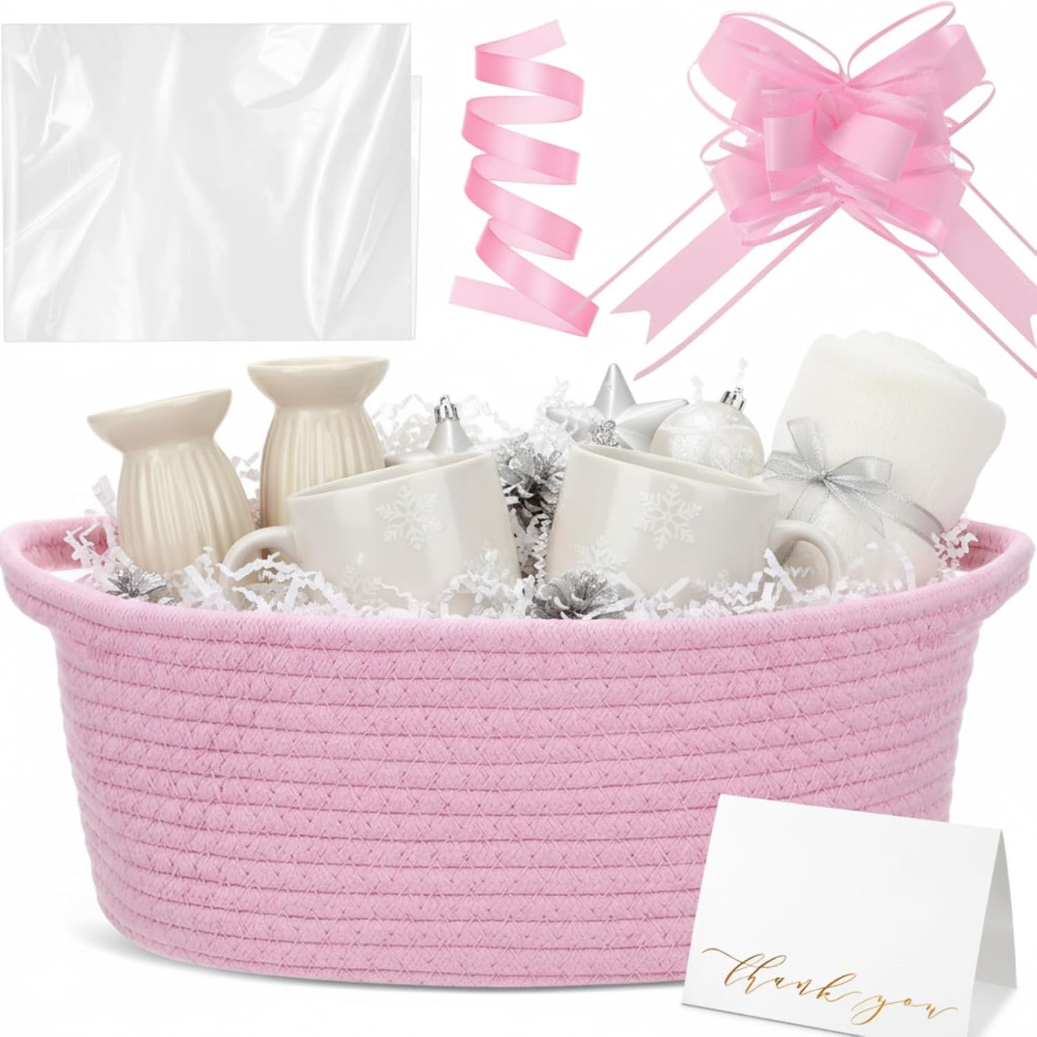 Valentine's Day Woven Basket with Gift Bags and 2 Ribbons, Raffia Grass Paper Shred Filler, Gift Card, Empty Small Rope Basket for Storage Presents Toy Organizer(Pink,12 * 8 Inch) - Image 9
