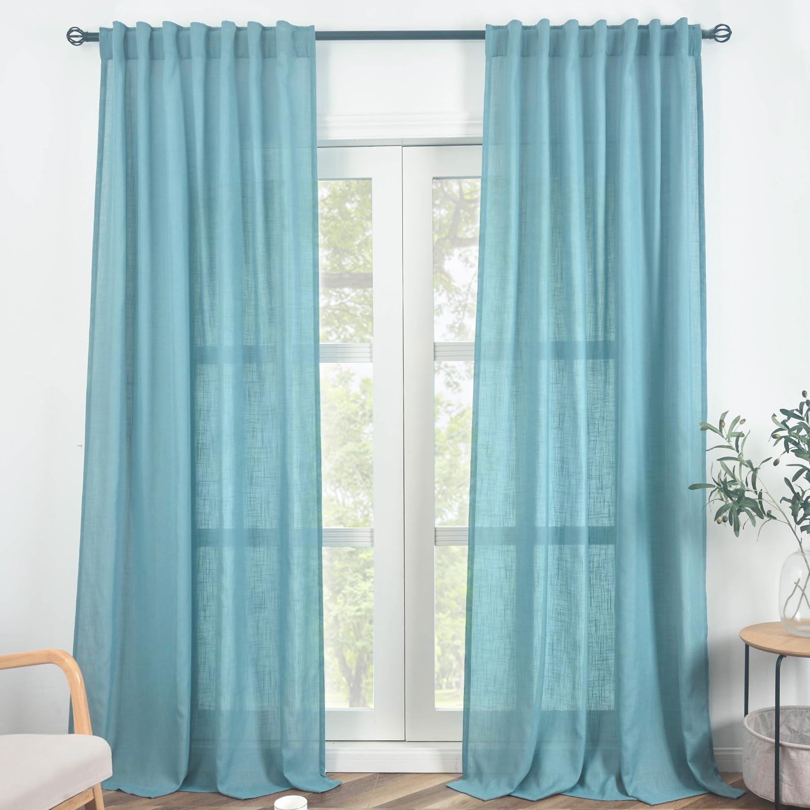 FINECITY Blue Linen Curtains 84 Inch Length for Living Room 2 Panels Set, Rod Pocket Back Tab Light Filtering Semi Sheer Grey Blue Curtains, Farmhouse Privacy Dusty Stone Blue Drapes, 52 x 84 Inch