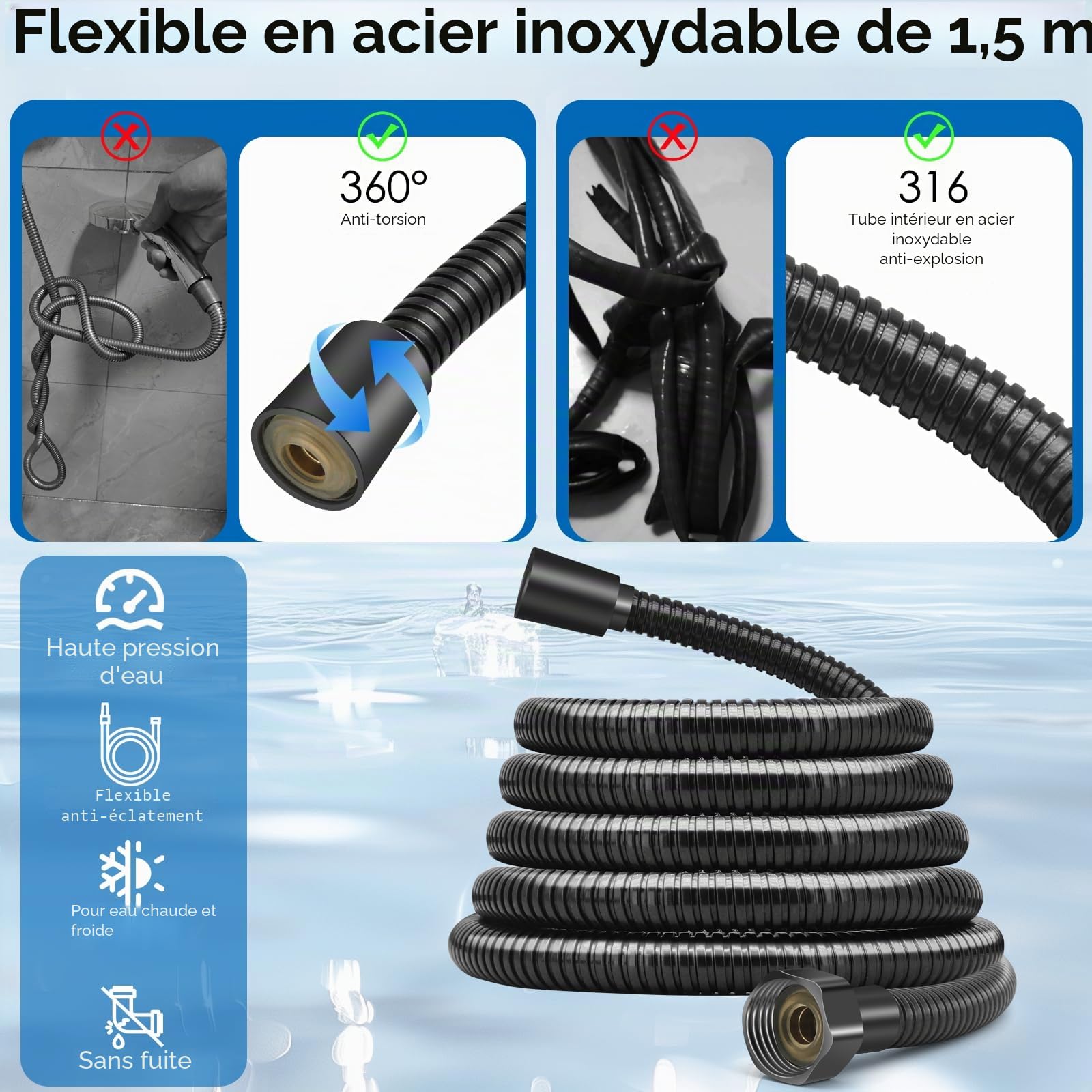 HNOOM Kit Douche Haute Pression, Pommeau de Douche Anti-Calcaire 120mm 8 Modes + Tuyau 1.5m Inox + Support Sans Perçage, Douchette Économie d'Eau, Compatible Salle de Bain(Noir)
