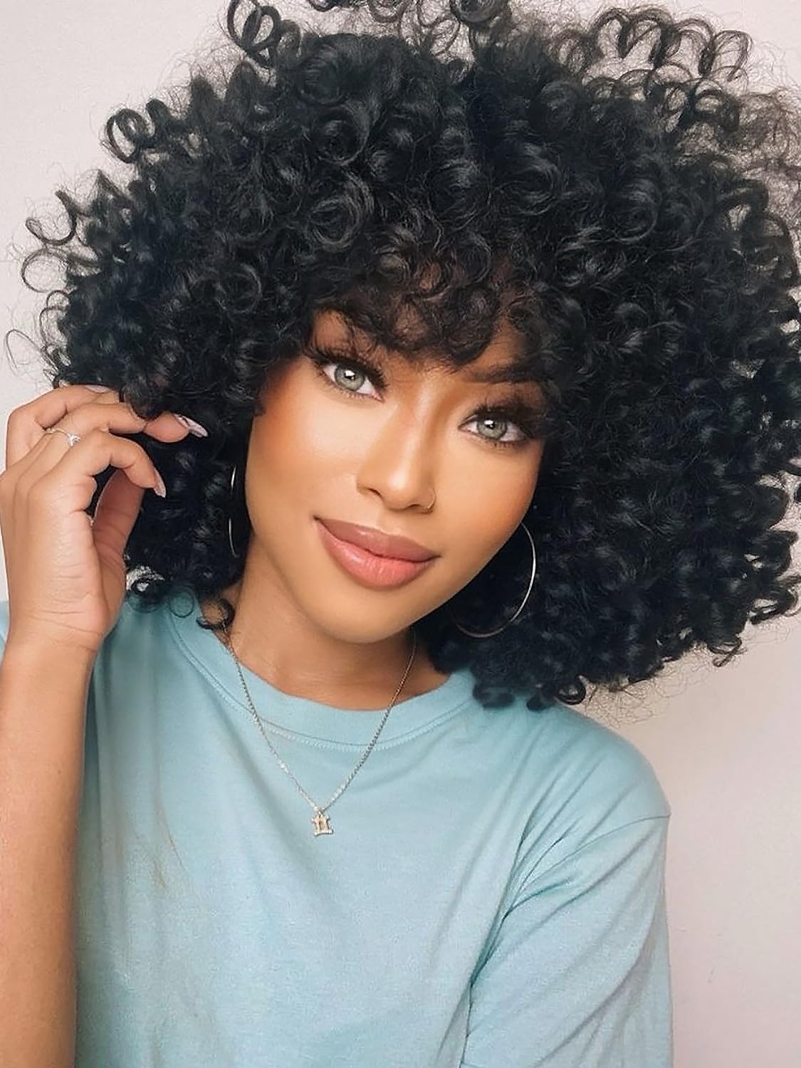 ISAMY Curly Afro Wig with Bangs Short Kinky Curly Wigs for Black Women Synthetic Fiber Soft Hair Short Curly Afro Wig(Black) - Image 4