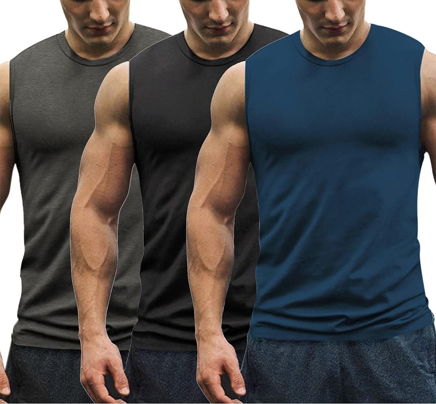 COOFANDY Męski podkoszulek, 3 szt., bez rękawów, podkreślający mięśnie, sportowy, fitness, okrągły dekolt