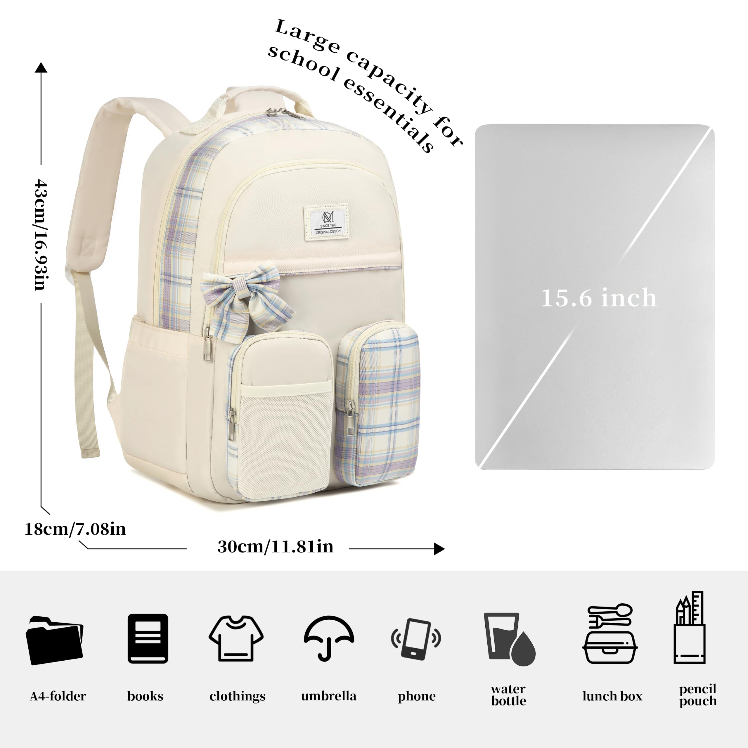 Zaino da scuola per adolescenti, zaino estetico con scomparto per laptop per studenti delle scuole medie, mochila para niñas, beige