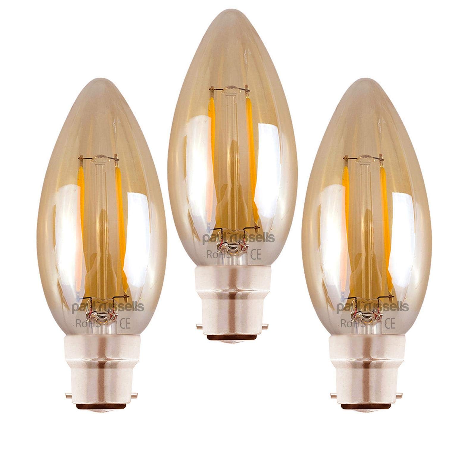 paul russells LED Candle Filament Light – 2.5W 20W Equivalent Replacement, 200LM Lumens, 2200K Extra Warm White, BC B22 Bayonet Cap C35 Bulbs – Energy Saving Non-Dimmable Lamps - 3 Pack