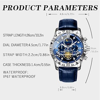 Mechanical Watches for Men - Elegant Automatic Bracelet Watch for Men, Chronograph | Luxury Multifunction Watch with Leather Strap, Classic Analog Screen for Business and Clothing, blue, See