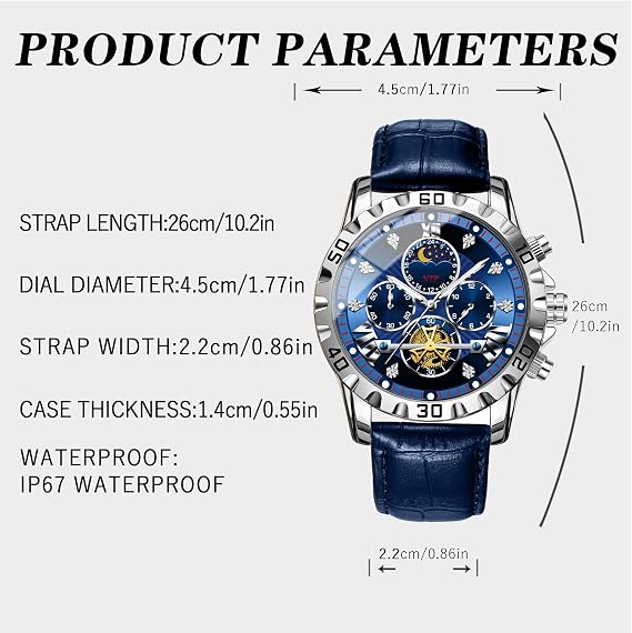 Mechanical Watches for Men - Elegant Automatic Bracelet Watch for Men, Chronograph | Luxury Multifunction Watch with Leather Strap, Classic Analog Screen for Business and Clothing, blue, See