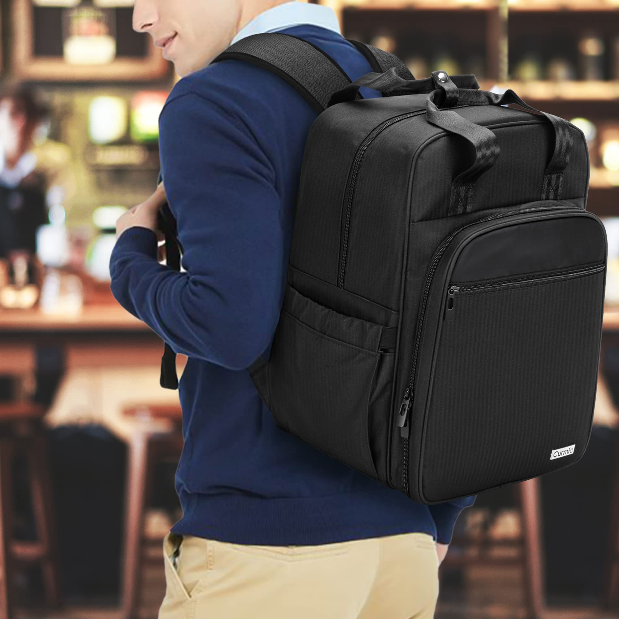CURMIO Borsa da barman Borsa da viaggio Kit da barman Zaino con scomparti imbottiti, Borsa da trasporto portatile per set di attrezzi da bar, perfetta per feste all'aperto in casa, SOLO borsa, Nero