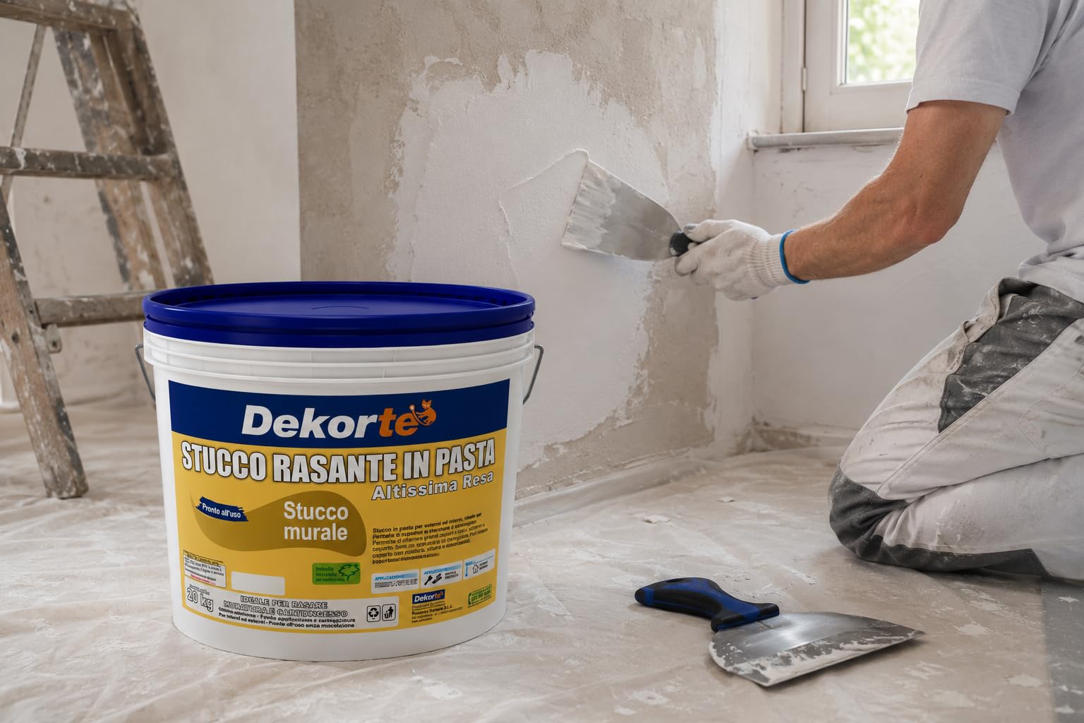 GDM 600016609800820-Stucco Rasante In Pasta, Ideale Per Rasatura Di Pareti Interne, Dekortè, Colore: Bianco, 20 kg