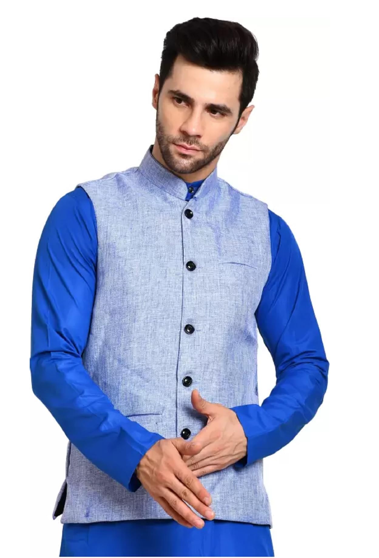 zacharias Men's Khadi Cotton Linen Nehru/Modi Waistcoat Jacket for Occasion kj-01 (Blue_Pack of 1)-picture-29