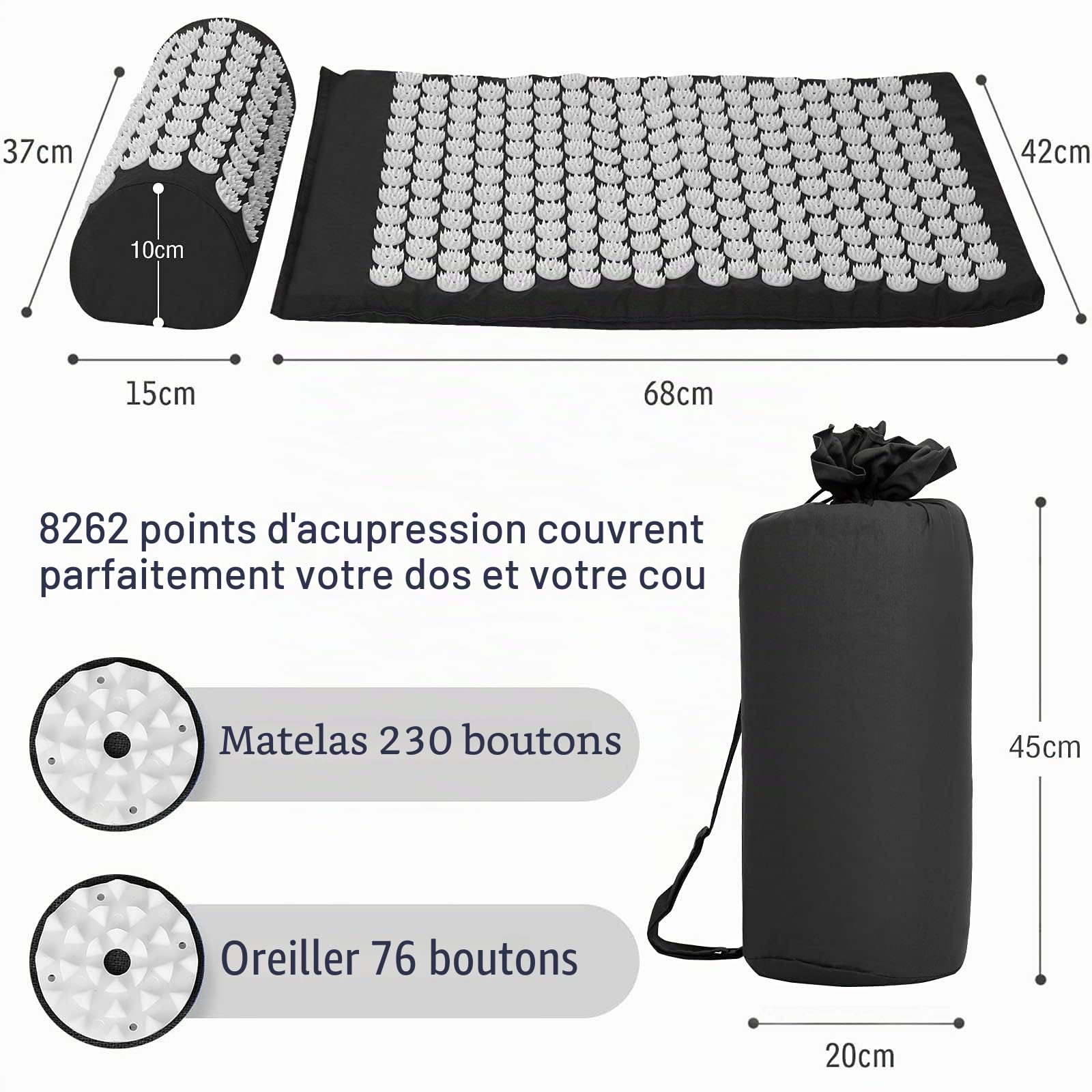 Angelkiss Kit d'acupression Tapis d'acupression avec coussin pour relaxation et massage apaisants, soulagement des maux de dos, maux de tête, cervicales, stress des troubles du sommeil à la maison, au