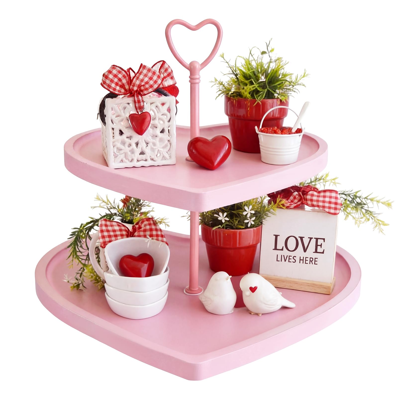 valentines day 2 tiered tray stand set pink heart shaped decorative tray 2 tiered wooden serving shelf set decorative table for home kitchen weddings valentines day party decoration