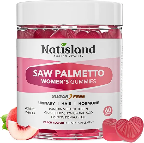 NATISLAND Saw Palmetto for Women Gummies, Organic Saw Palmetto with Pumpkin Seed Oil for Hair Growth, DHT Blocker & Urinary Health, Sugar Free, Vegan, Peach Flavor, 60 Chewable