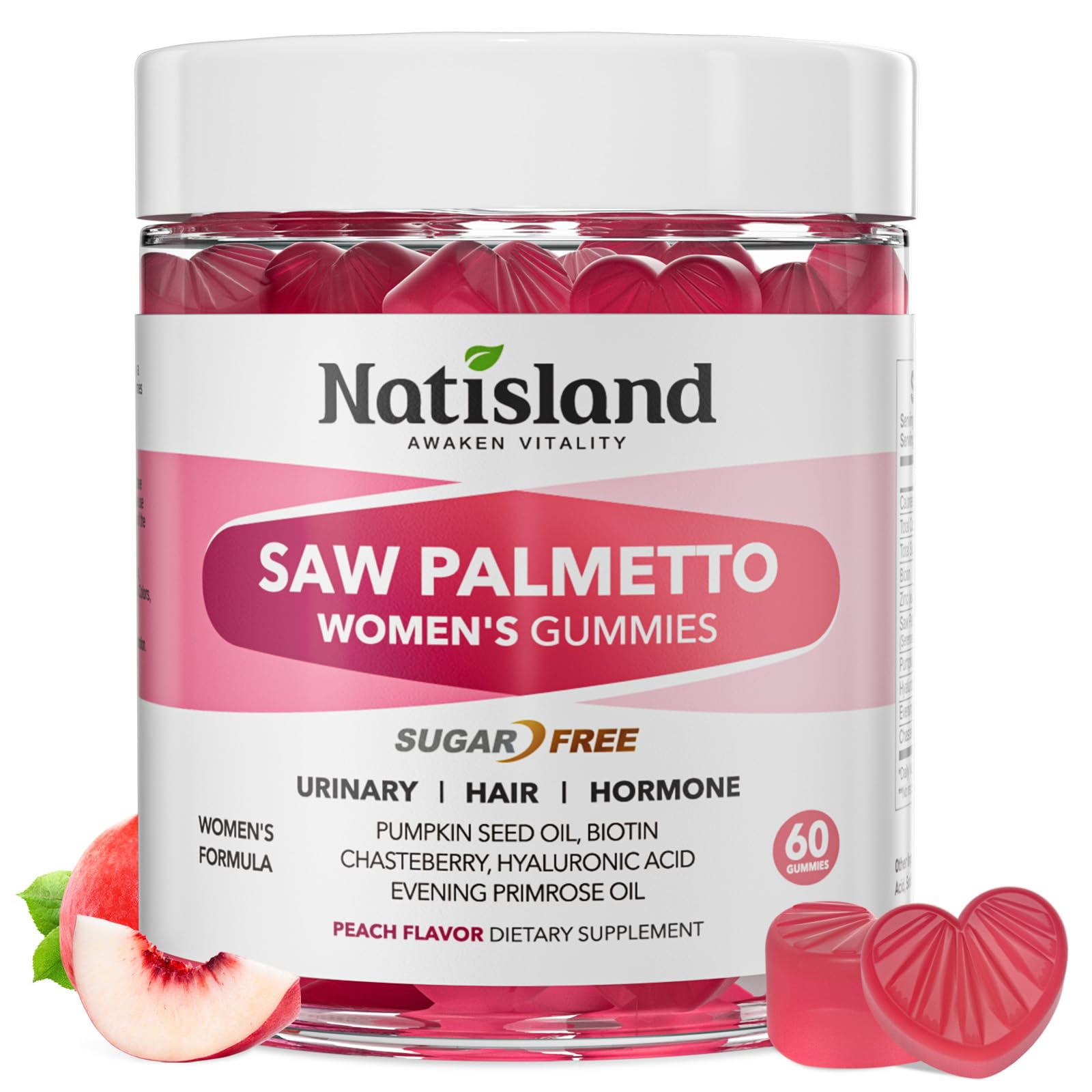 Saw Palmetto for Women Gummies, Organic Saw Palmetto with Pumpkin Seed Oil for Hair Growth, DHT Blocker & Urinary Health, Sugar Free, Vegan, Peach Flavor, 60 Chewable 60 Count (Pack of 1)