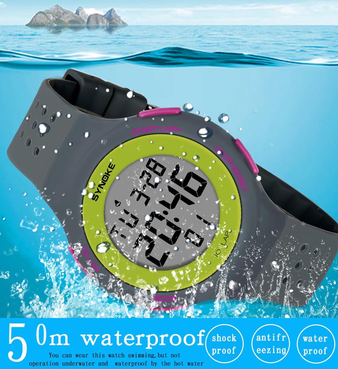 SYNOKE Digital Sport Watch partially submerged in water, with text indicating '50m waterproof', 'shockproof', 'antifreezing', and 'waterproof'.