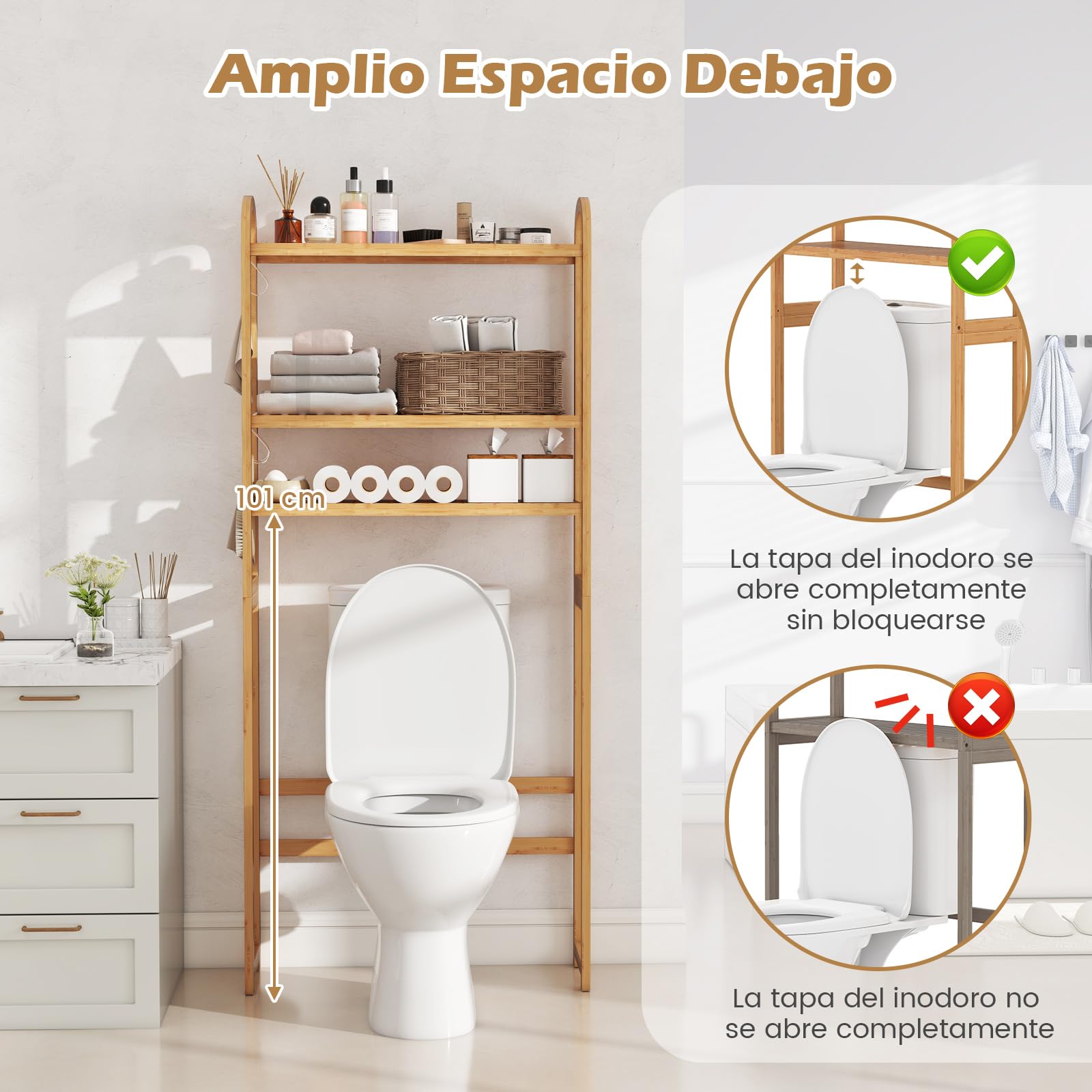 COSTWAY Estantería de Almacenamiento sobre Inodoro, Organizador de Baño de Bambú de 3 Niveles con Estantes de 5 Posiciones, 3 Ganchos, Barra Inferior Ajustable, Ahorra Espacio para Cuarto de Lavado
