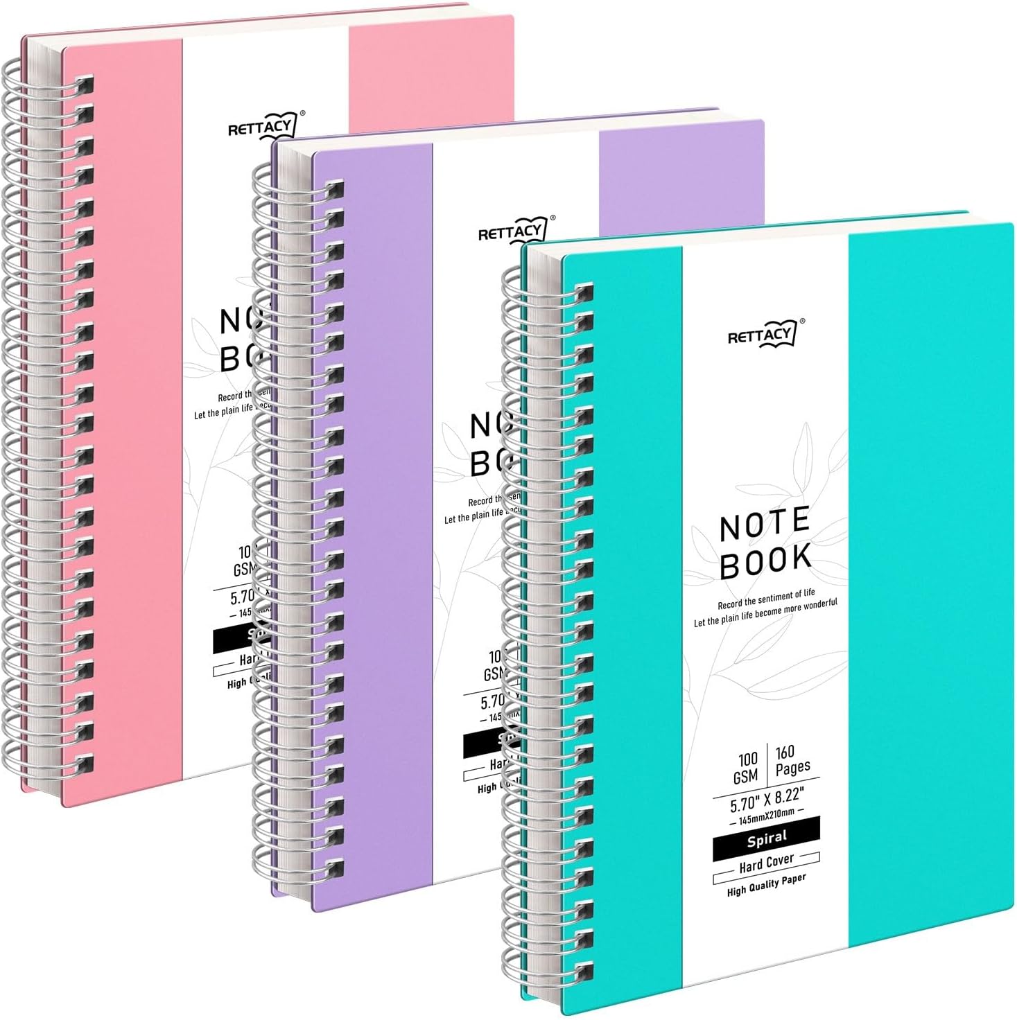 RETTACY A5 Spiral Notebook 3 Pack, Wirebound Colorful Notebooks 80sheets/160 Pages for Writing,100gsm College-Ruled Paper, Flexible Plastic Cover, for Women Men Work Office School,14.5 x 21cm
