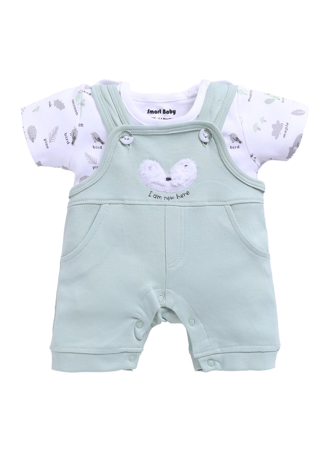 Dungaree Set for Baby Boy And Girls | Cotton Romper with T-Shirt | Soft & Breathable Fabric | I Am New Here Print | Snap Button Closure for Easy Diaper Change-image-19