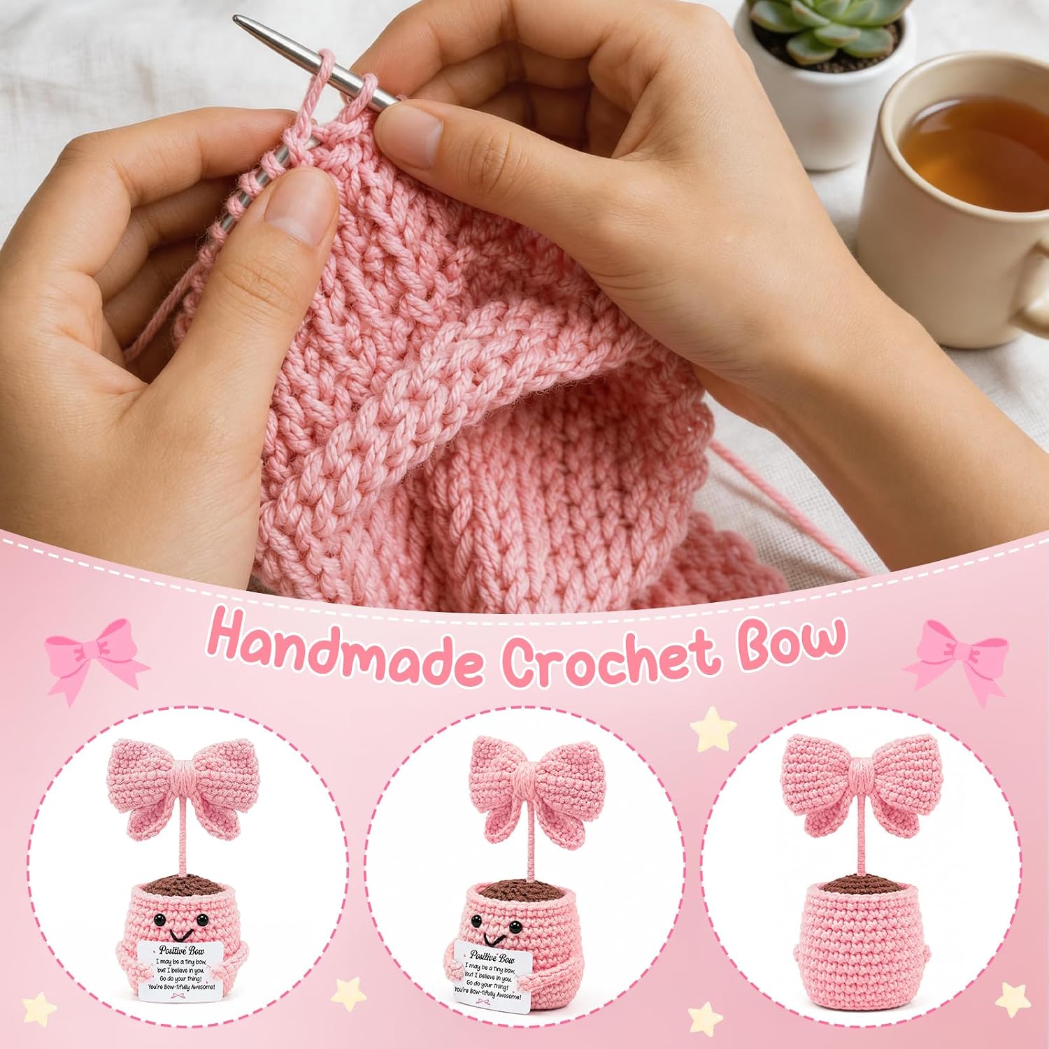 Positive Crochet Bow Emotional Support Crochet Gifts Crochet Doll Inspirational Gifts for Women Men for Graduation Teachers Appreciation Mothers Fathers Day Anniversary Birthday Thank You Gifts
