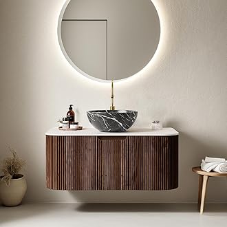 AmbroVania 36" Floating Bathroom Vanity with Sink, Wall Mounted Modern Bathroom Cabinet with Ultra-Thin Ceramic Black Basin and Marble Top, Large Storage Drawer, Soft-Close Design, Dark Walnut