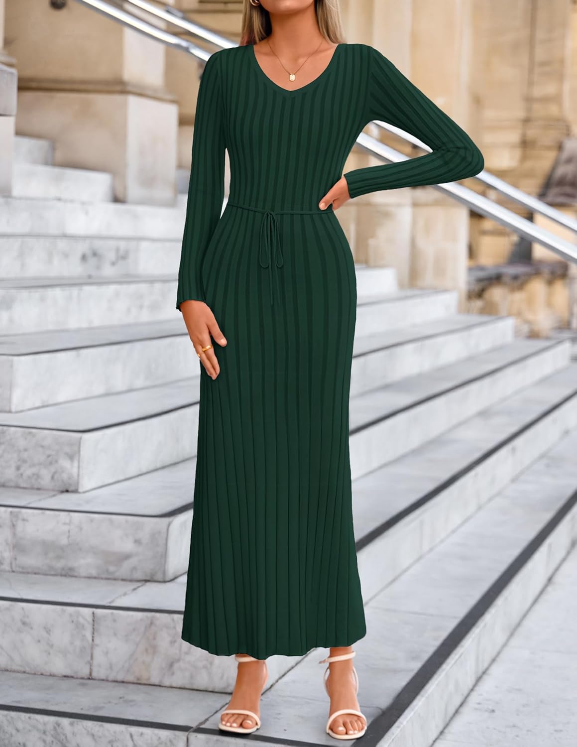 ZESICA Women's 2026 Spring Sweater Dress Long Sleeve V Neck Ribbed Knit Party Cocktail Bodycon Maxi Dresses - Image 3