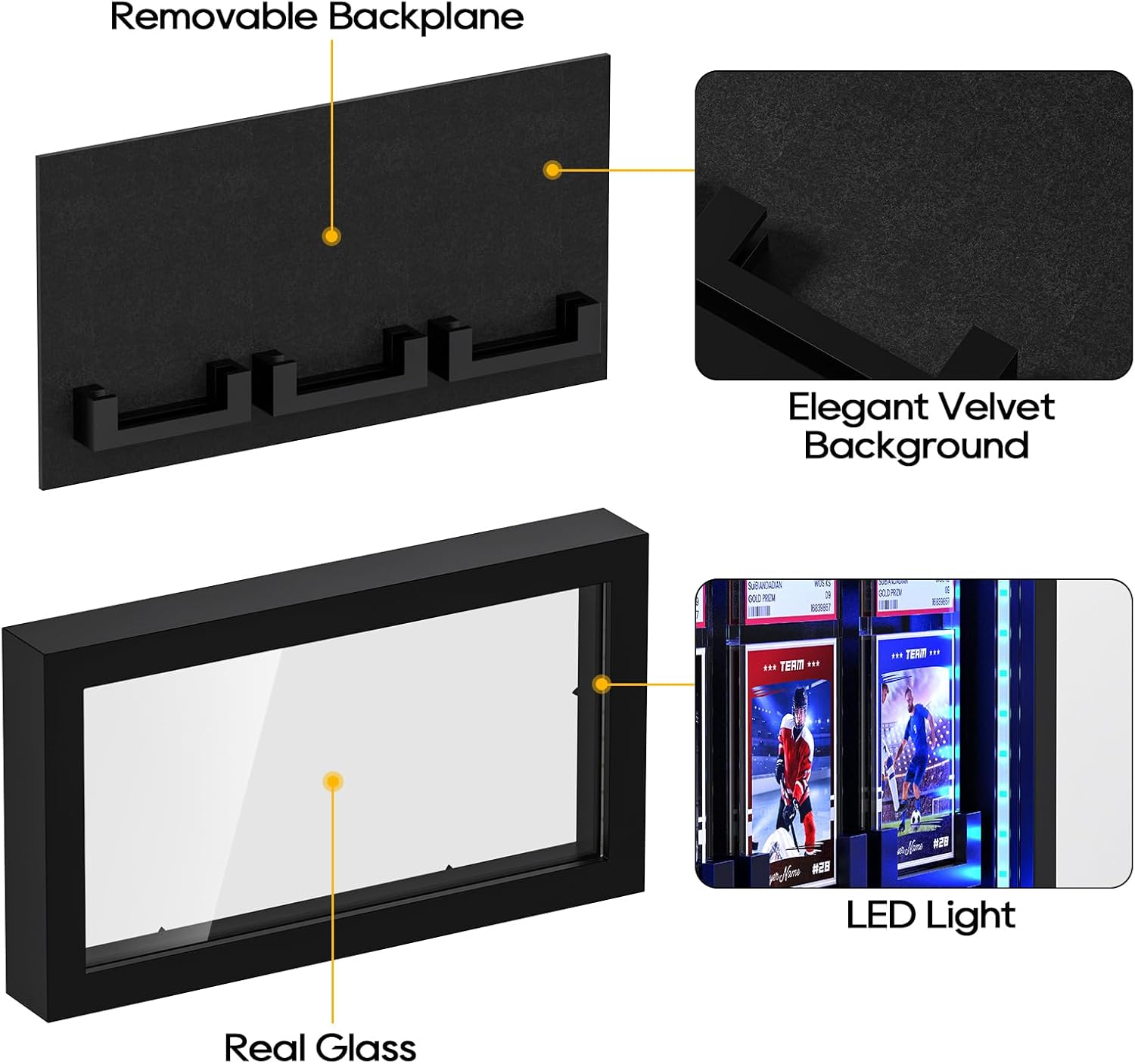 TJ.MOREE LED Lighted Wall Mount 3 Graded Sport Card Display Case for Baseball, Football, Basketball & Hockey Trading Card Collection, Black - Image 4