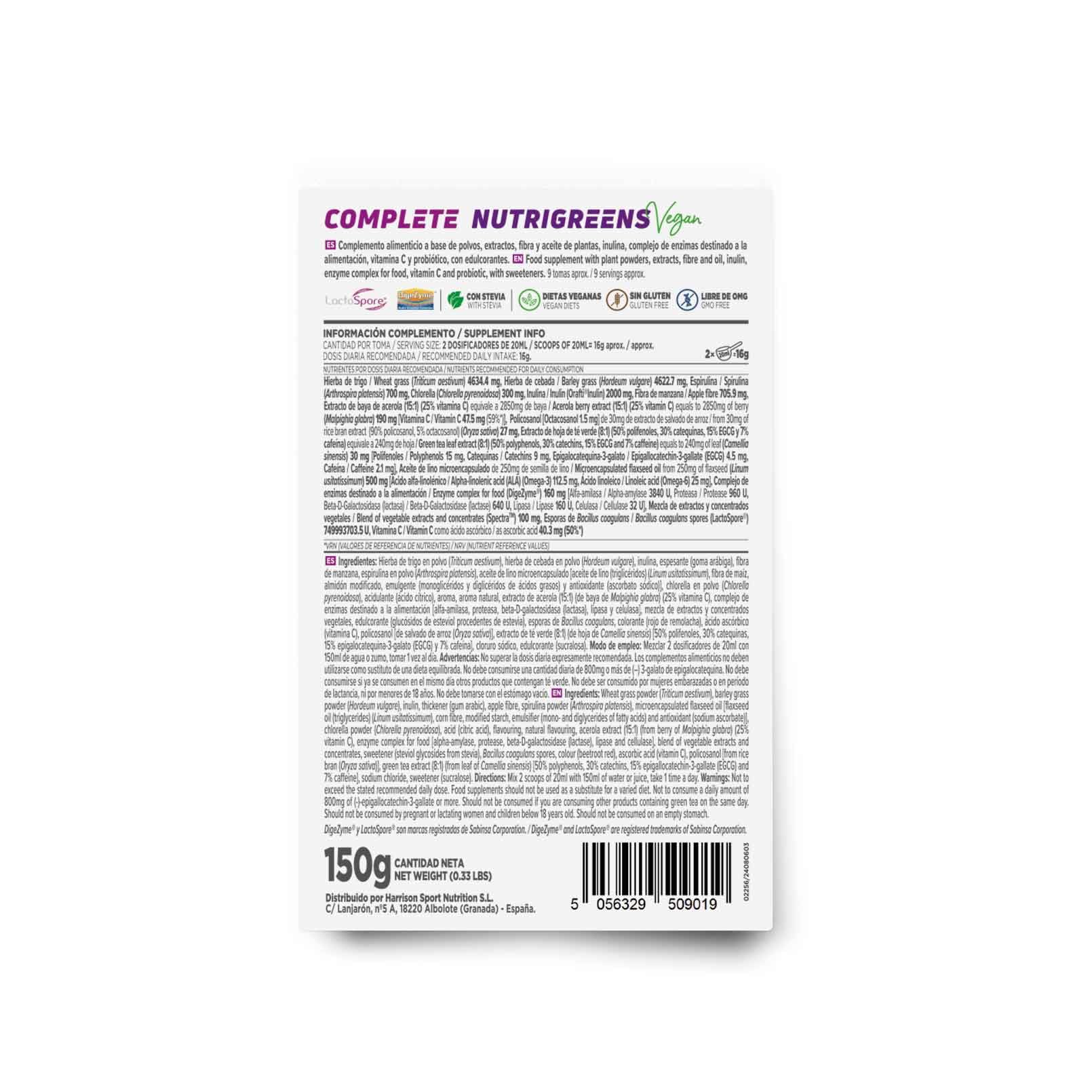 Complete Nutrigreens HSN 150 g Greens en Polvo Super Alimento Natural Vitaminas Minerales Fibra No-GMO Vegano