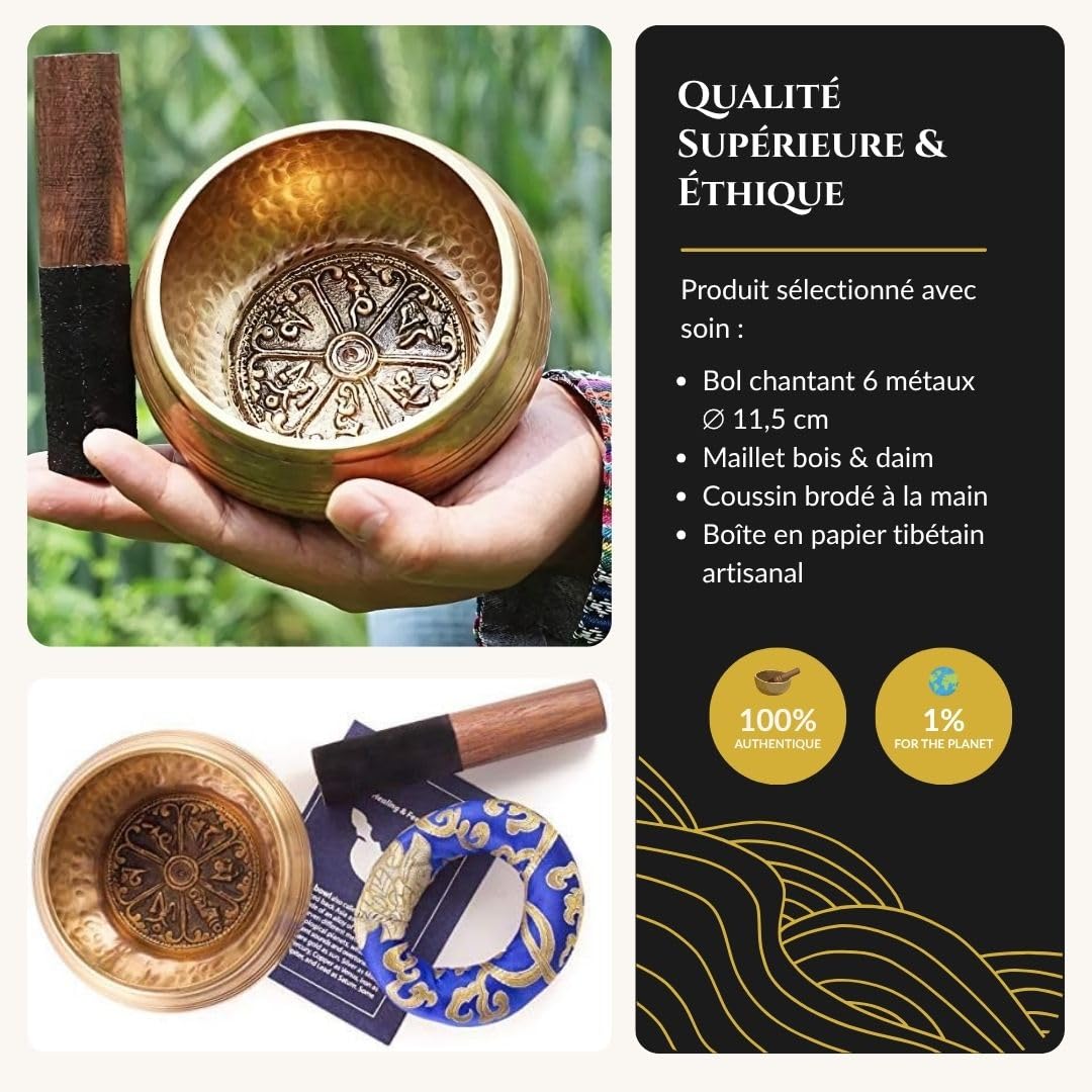 • Bol Tibétain Chantant Méditation Fait à la main à Bhaktapur (Népal) - 450gr ⌀11,5cm - Coffret Zen - Papier népalais - Coussin Bol Chantant (Métaux Anciens Chakra) - Maillet Bois