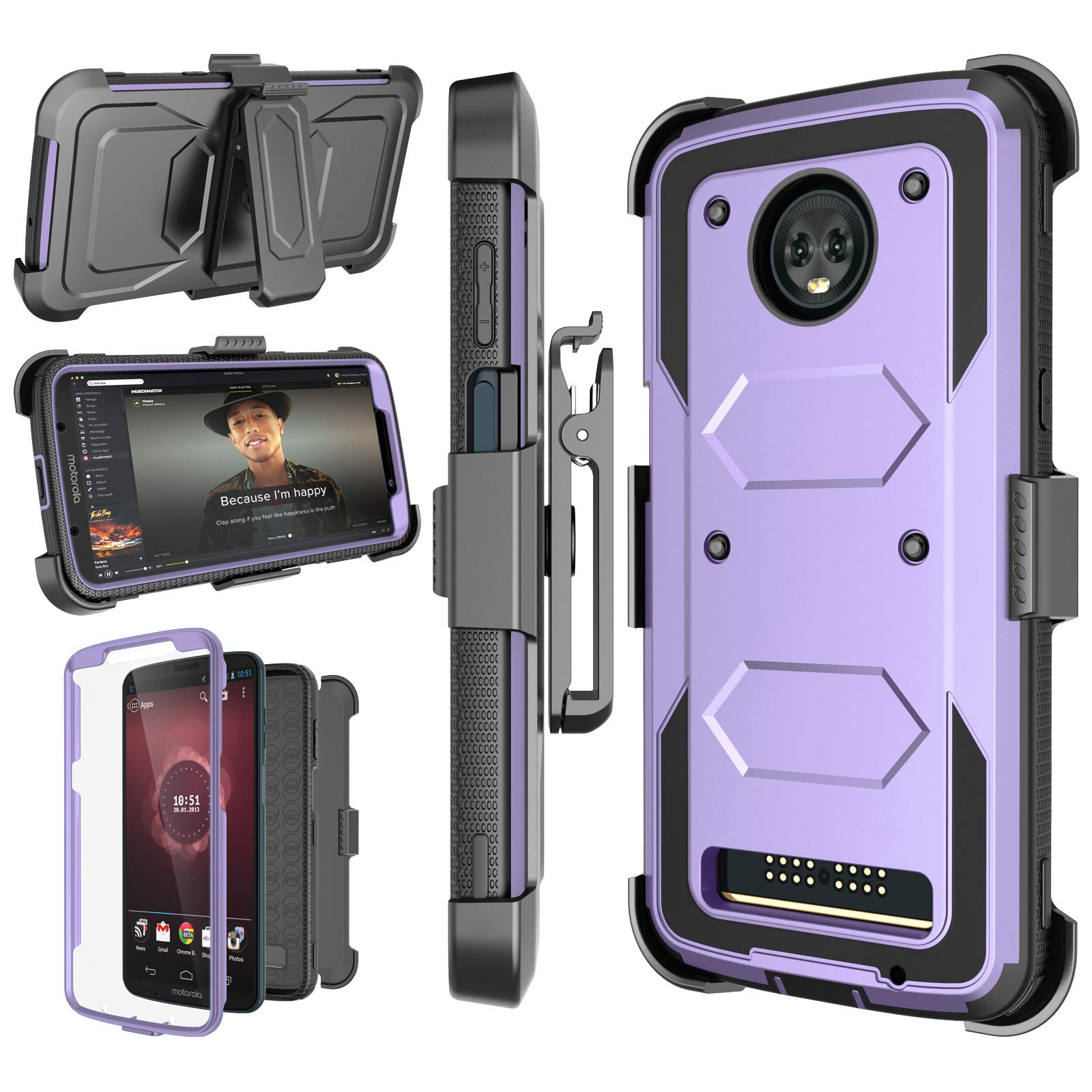 Njjex for Moto Z3 Case, for Motorola Z3 Case/Moto Z3 Play Holster Clip, [Nbeck] Shockproof Heavy Duty Built-in Screen Protector Rugged Locking Swivel Belt Clip Kickstand Hard Shell Cover [Purple]