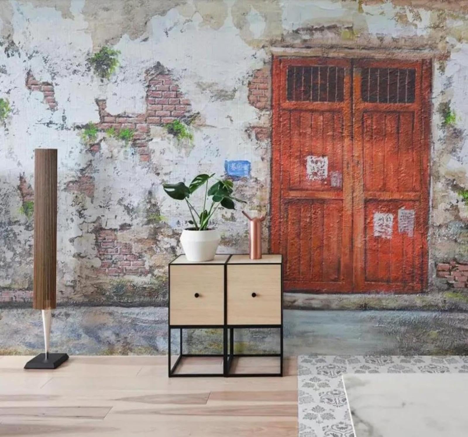 Tzxztt 350Cm×256Cm(B×H) Hand Drawn Nostalgic Art Brick Wall Red Door Modern 3D Wallpaper Premium Textured Silk Neutral Tones Material Ideal For Living Room Bedroom-350Cm×256Cm