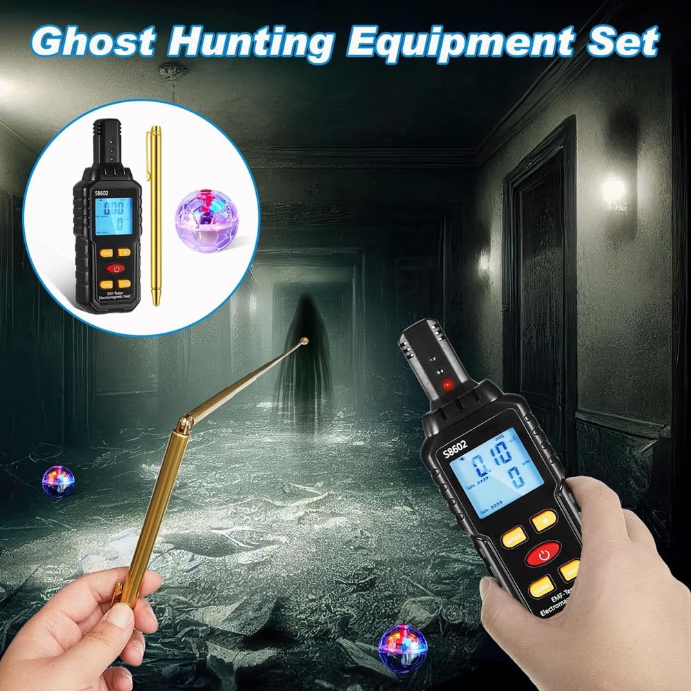 VENEKA Kit de Equipo de Caza Fantasma de 5 Piezas 1 Detector de Radiación EMF 2 Bolas de LED 2 Postes de Seguimiento de Cobre