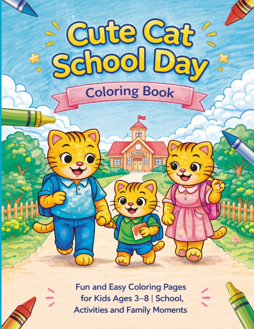Cute Cat School Day Coloring Book: Fun and Easy Coloring Pages for Kids Ages 3–8 | School, Activities and Family Moments