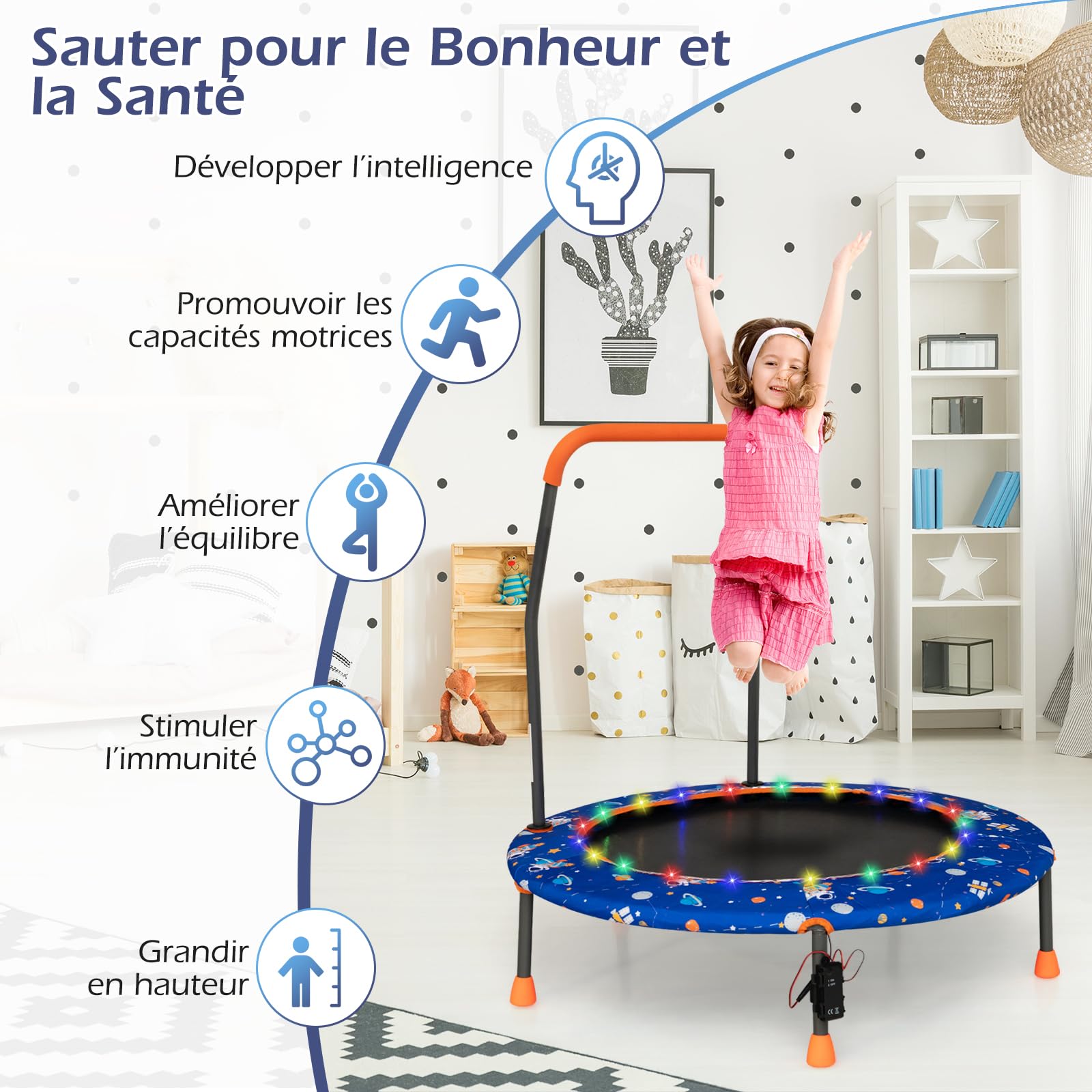 COSTWAY Trampoline Enfant Ø92CM avec 21 Lumières LED & Poignée Amovible, Mini Trampoline Exterieur Enfant avec Motif d'Astronaute & Tapis Antidérapant pour Enfant de 3-6 Ans