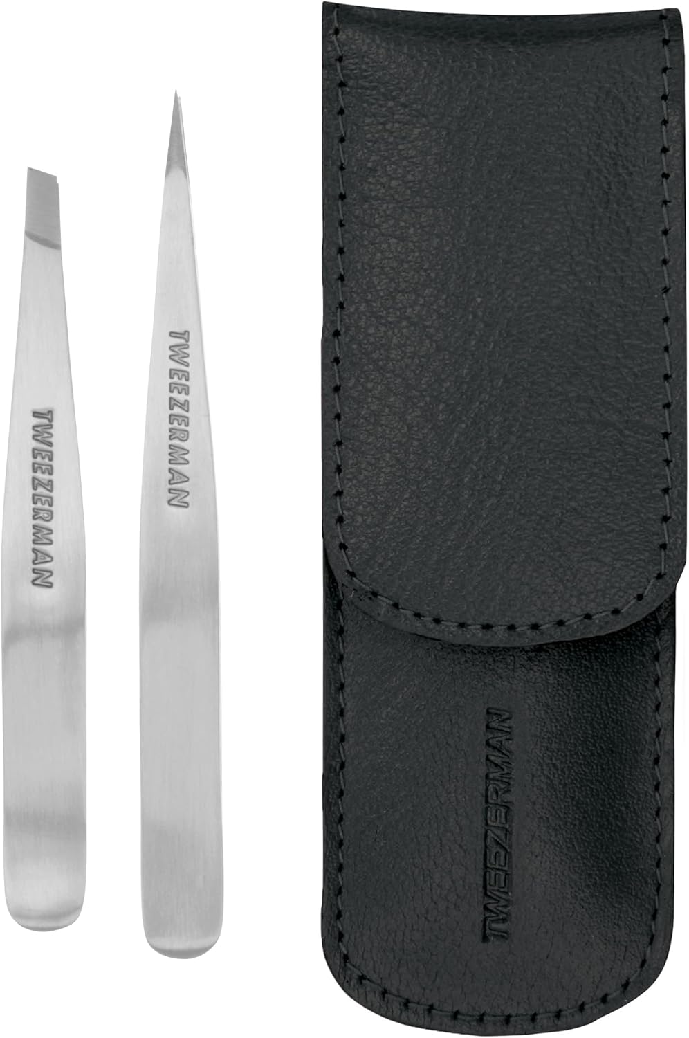 Tweezerman Petite Tweeze Set with Travel Case - Point and Slant Tweezers, Tweezers for Travel (Black Case)