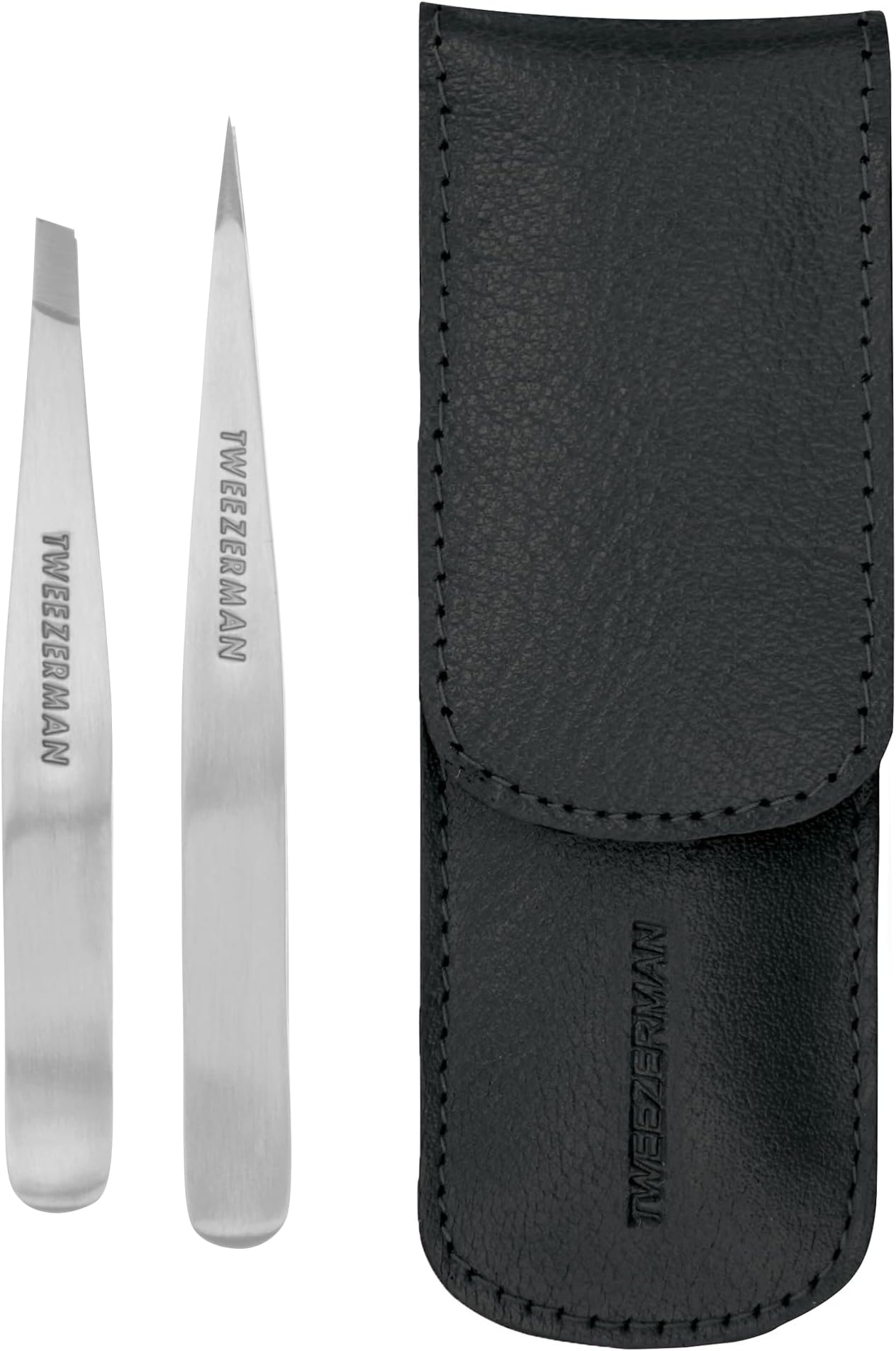 Petite Tweeze Set with Travel Case - Point and Slant Tweezers, Tweezers for Travel (Black Case)