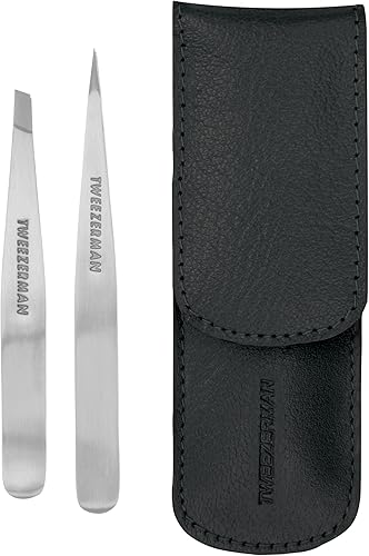 Tweezerman Petite Tweeze Set with Travel Case - Point and Slant Tweezers, Tweezers for Travel (Black Case)