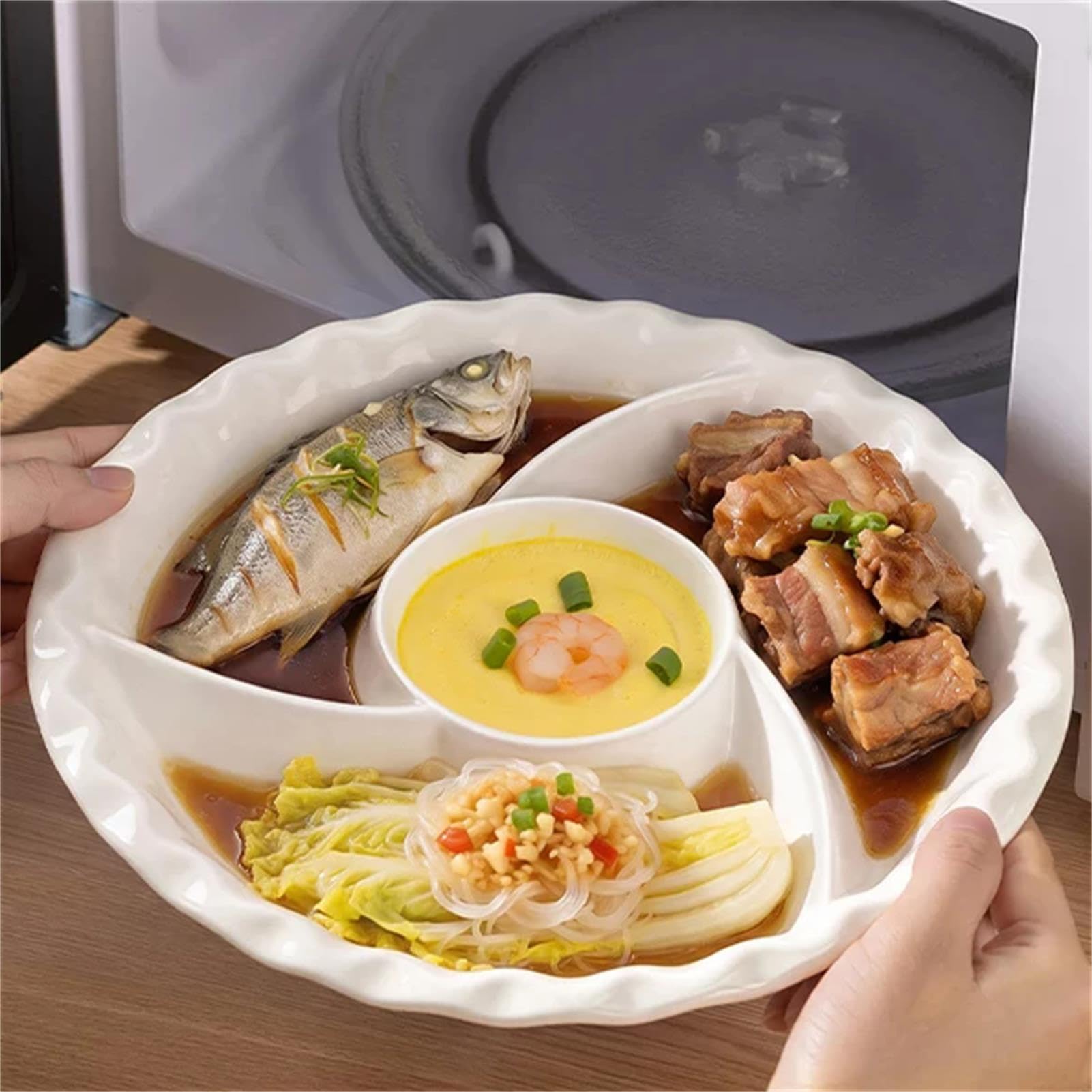 Meiiron Platos De Cena Con Platillo for Inmersión, Plato De Sushi for Bola De Masa, Plato Dividido De Cerámica - Blanco(12inch)