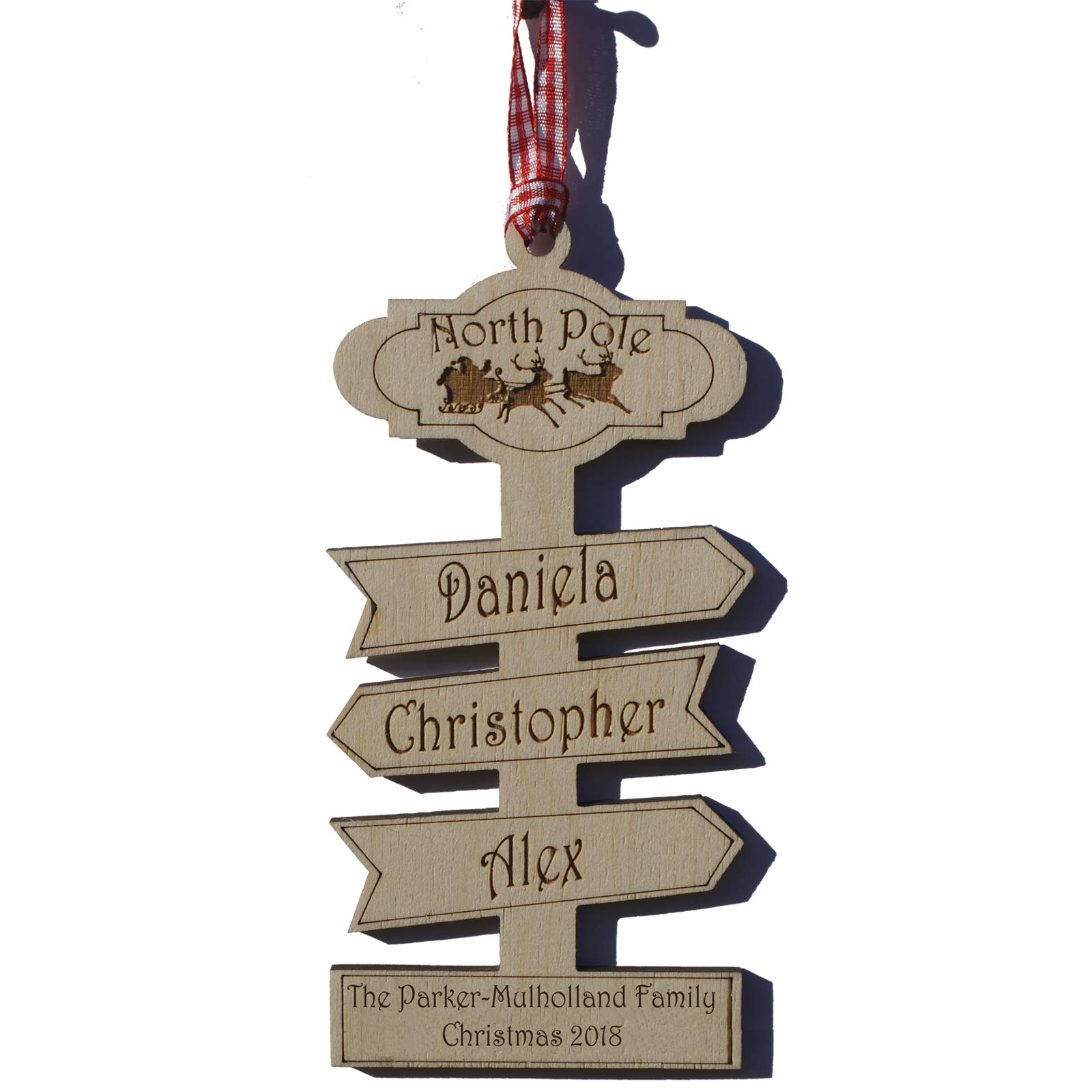 GPG Ltd Personalised North Pole Family Christmas Decoration – up to 7 Names available with your own personal message below and organza gifting bag. (3 Names)