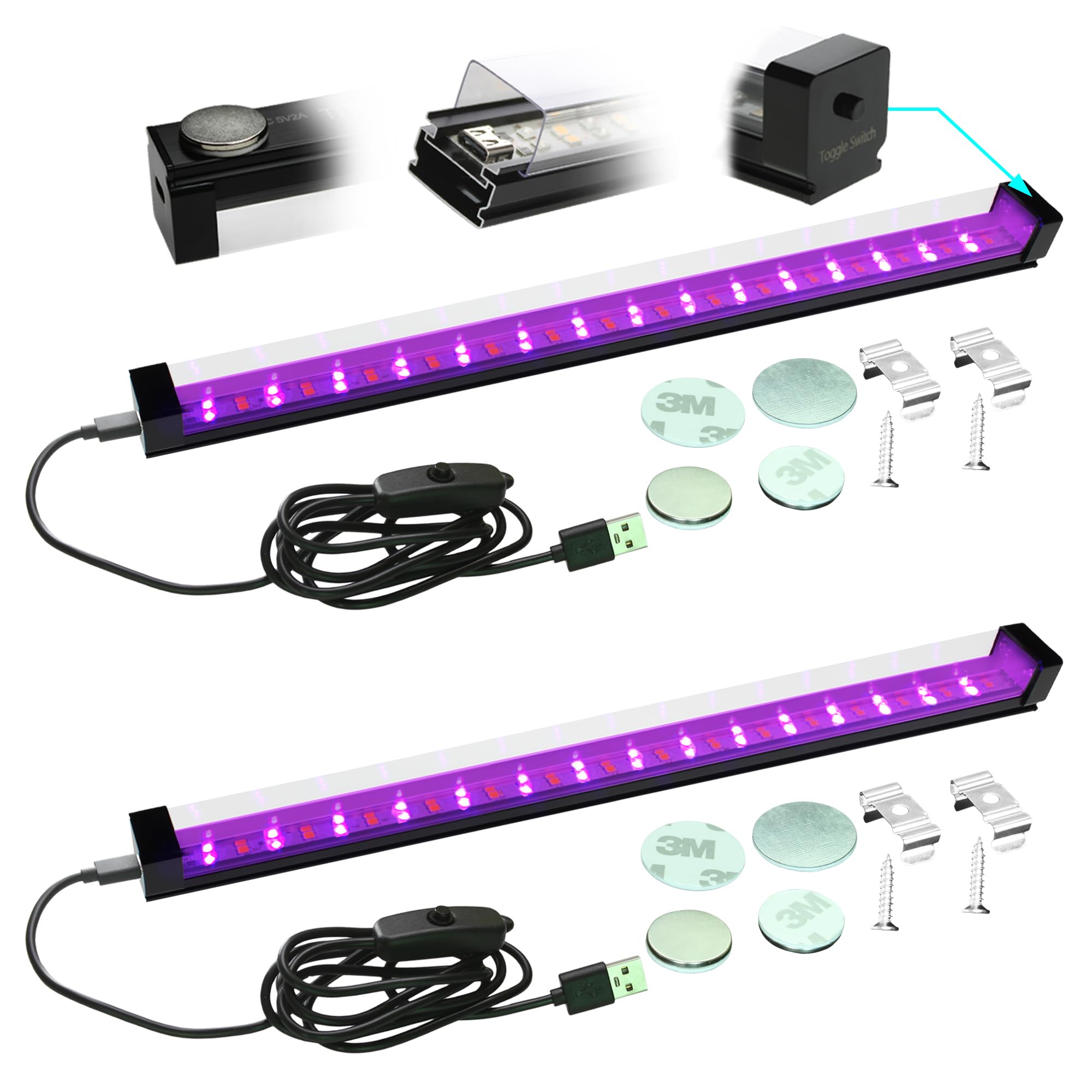 TITO Black Light Bar, 10W 1ft USB Portable Blacklight Bar, 395nm Aluminium Housing Black Lights Glow Dark Halloween Party Fluorescent Poster Display Resin Curing 2-Color Toggle Magnet Mounted 2 Pack