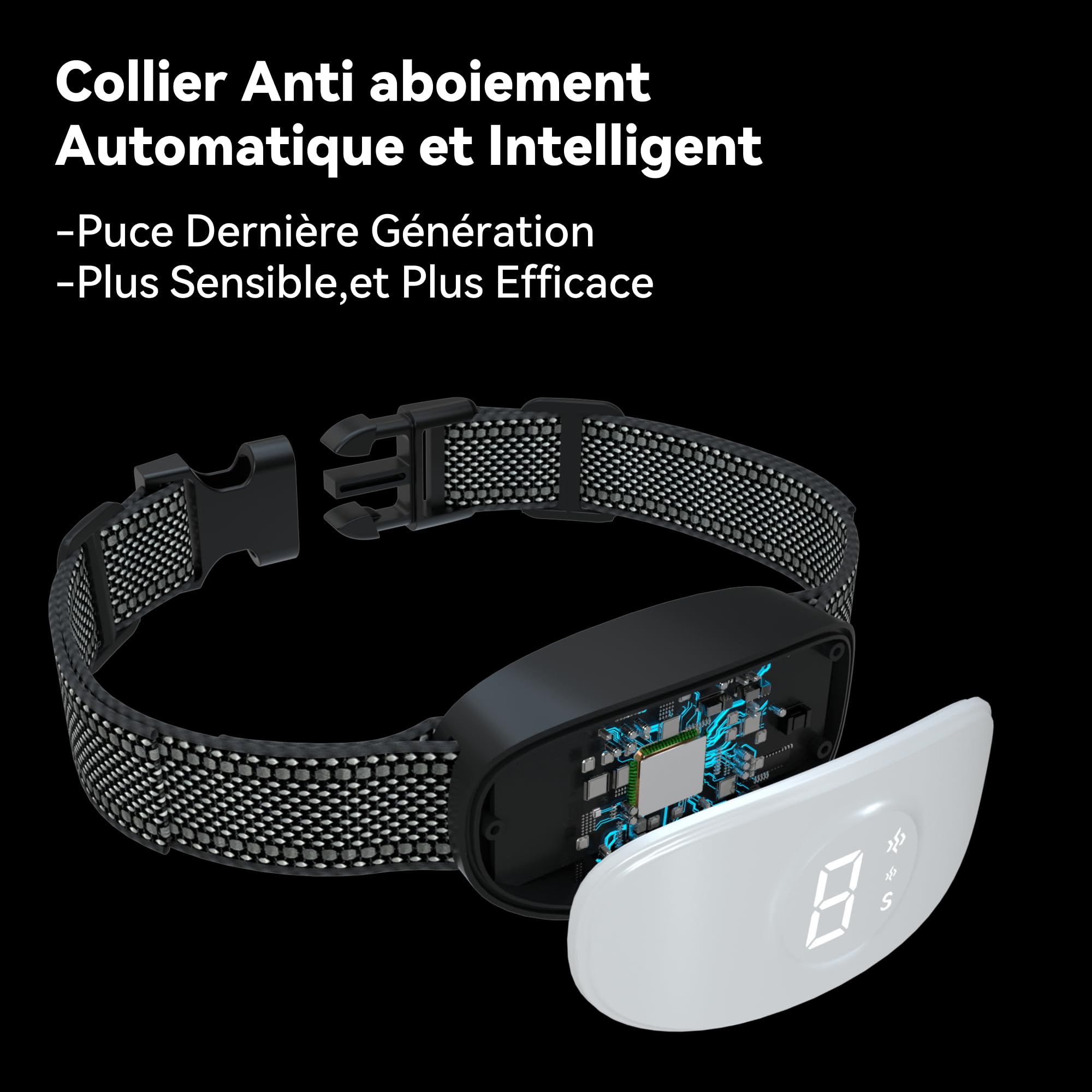 Collier Anti Aboiement - Conformes à La Nouvelle Loi 2024 - Collier Vibrant,sans Choc Statique avec 8 Sensibilité Réglables, 3 Modes Sonore/Vibration/Forte Vibration, Adapté à Tous Les Chiens, Blanc