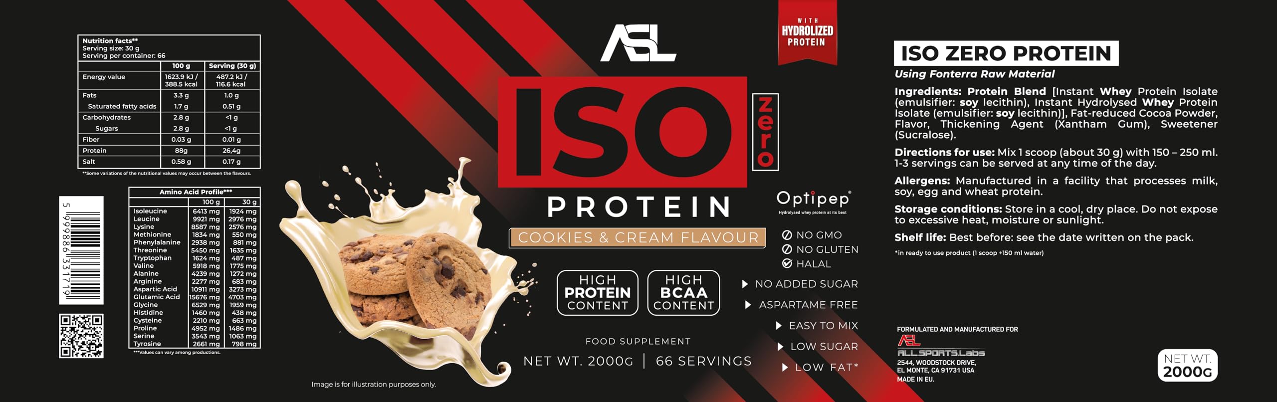 All sports lab Iso Zero - Proteina per biscotti e crema, 2 kg